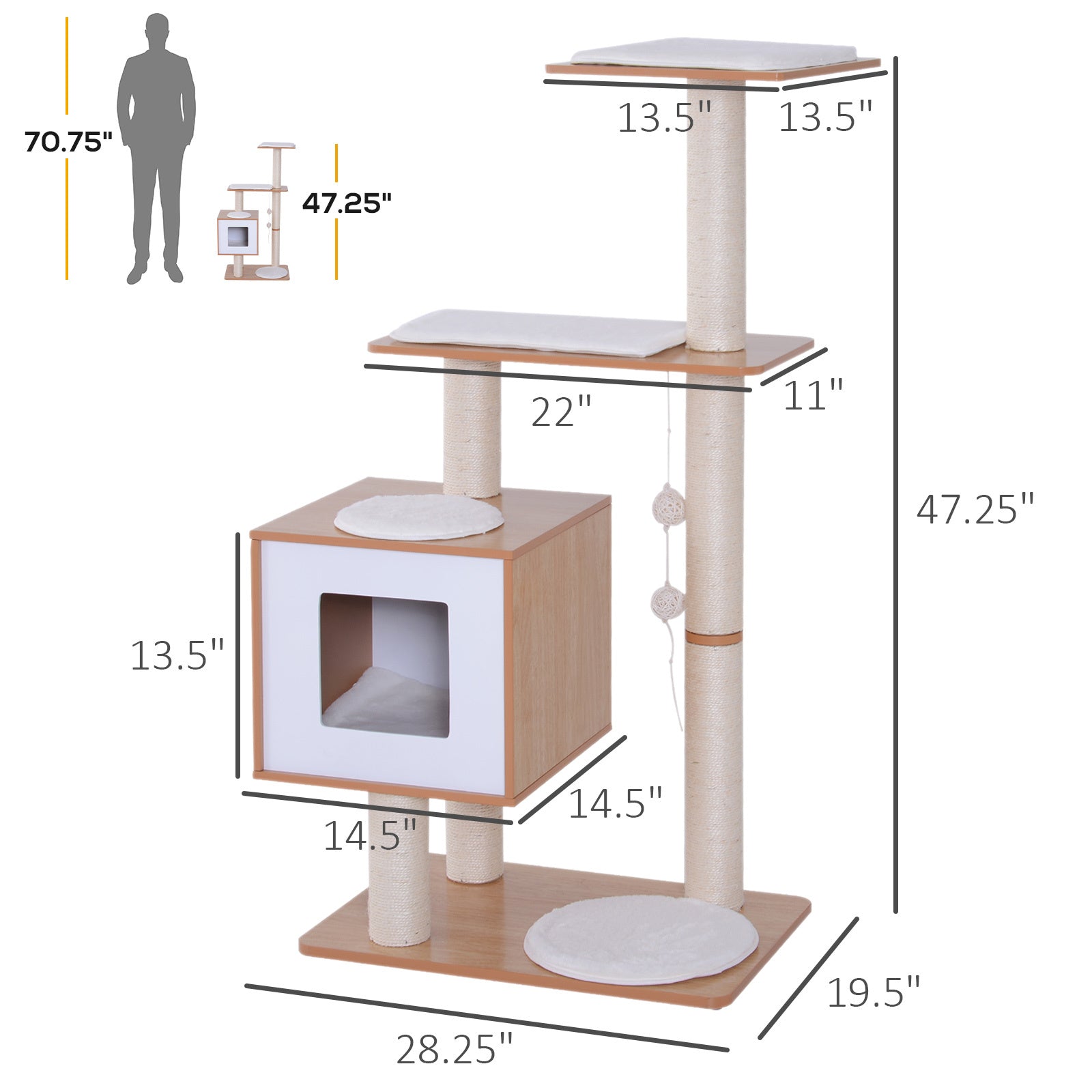 Pawhut 47 Modern Cat Tree Multi Level Scratching Post With Cube Cave Enclosure Oak Wood And White Natural Particle Board