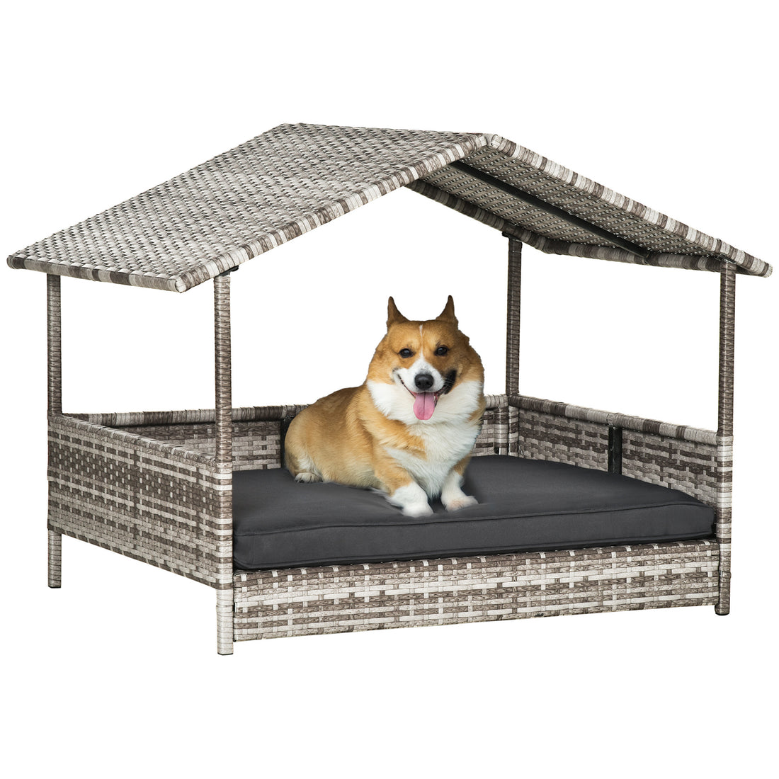 Pawhut Wicker Dog House Outdoor With Canopy, Rattan Dog Bed With Water Resistant Cushion, For Small And Medium Dogs, Cream Gray Rattan