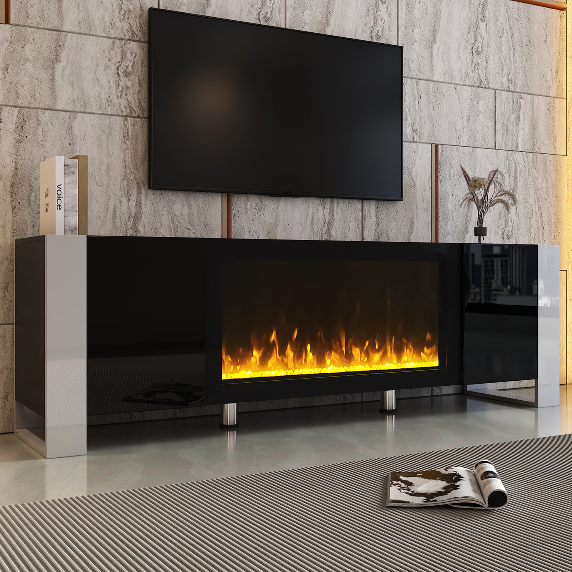 Modern Tv Stand With 34.2" Non Heating Electric Fireplace, High Gloss Entertainment Center With 2 Cabinets, Media Console For Tvs Up To 78", Black Black Primary Living Space 70 79 Inches 70 79 Inches Modern Mdf