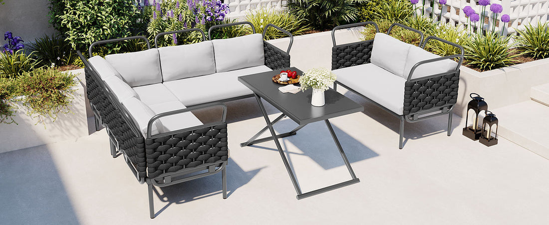 5 Piece Modern Patio Sectional Sofa Set Outdoor Woven Rope Furniture Set With Glass Table And Cushions, Black Gray Yes Sectional Grey Black Weather Resistant Frame Water Resistant Cushion Garden & Outdoor Modern Sectional Seating Groups Foam Woven Rope