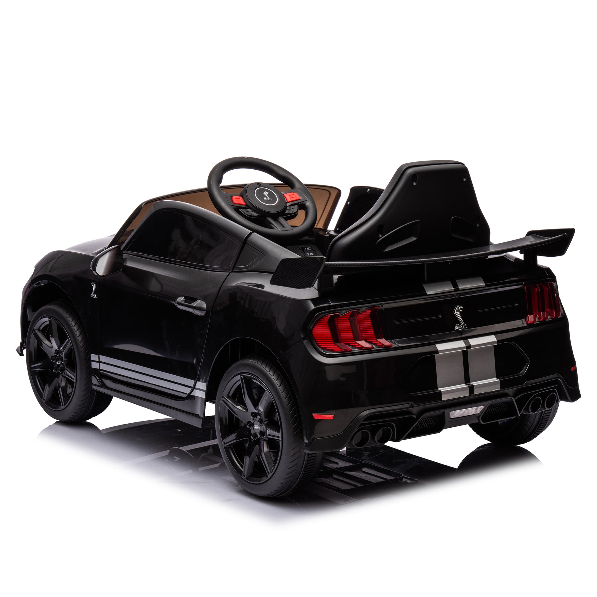 12V Ford Mustang Shelby Gt500 Ride On Car With Remote Control 3 Speeds, Electric Vehicle Toy For Kid,Led Lights, Radio, Aux Usb Mp3 Music,Safe Belt,Age3 Black Plastic