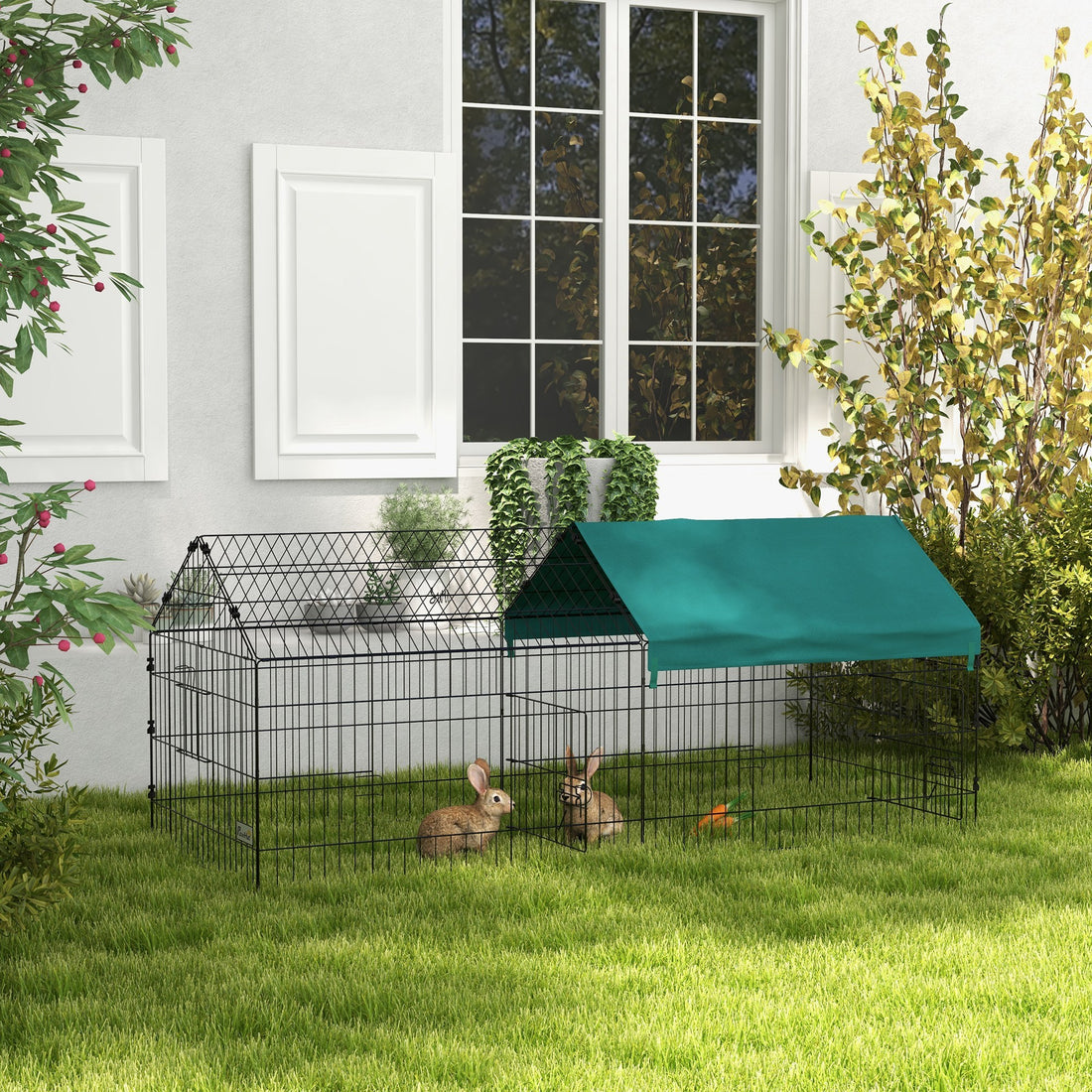 Pawhut 73" Small Animal Playpen, Pet Playpen Yard Fence For Rabbits, Chicken, Chinchillas With Roof For Indoor & Outdoor, Green Green Steel