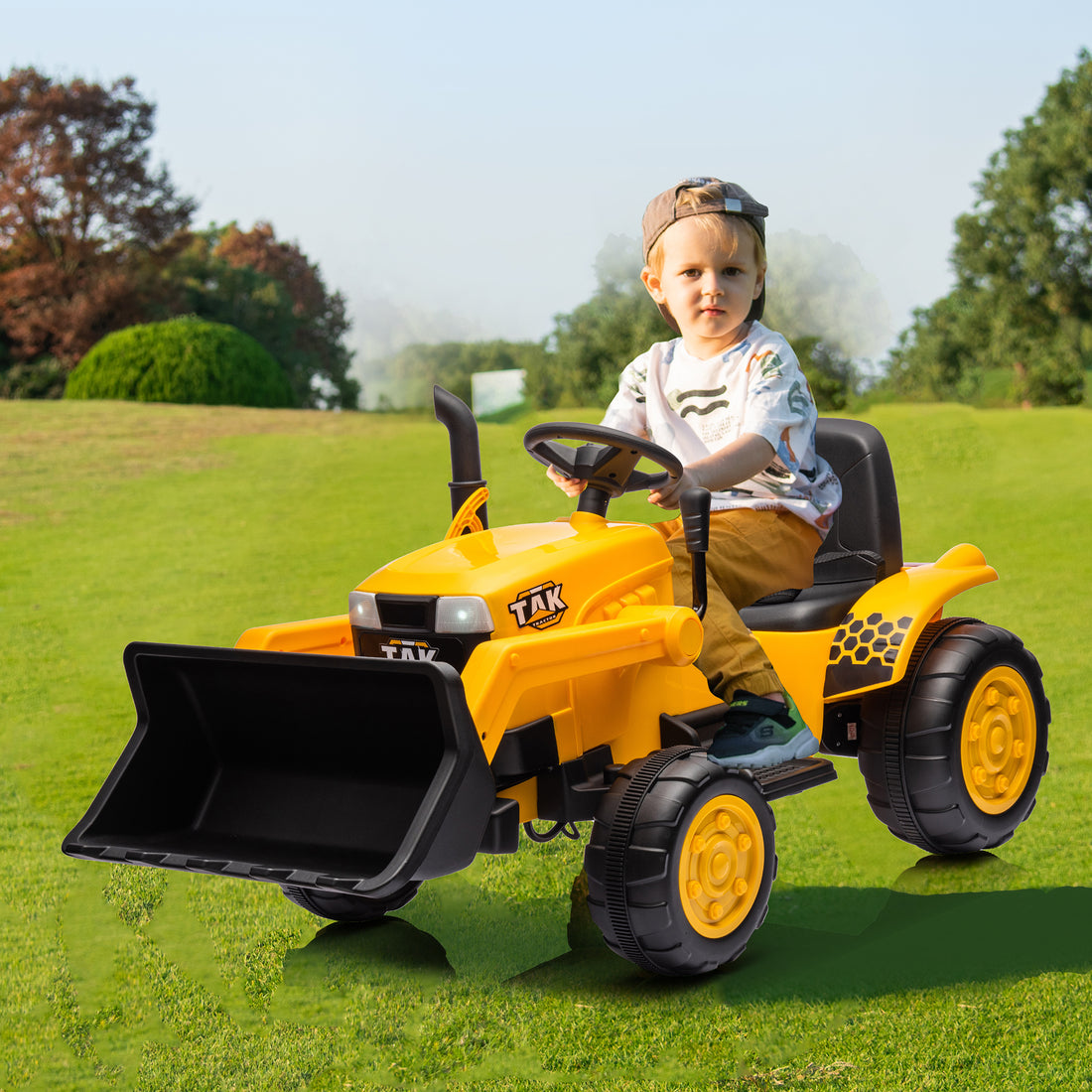 12V Kids Ride On Tractor Electric Excavator Battery Powered Motorized Car For Kids Ages 3 6, With Front Loader, Digging Handle, Remote Control, & Bright Headlight, Yellow Yellow Polyvinyl Chloride