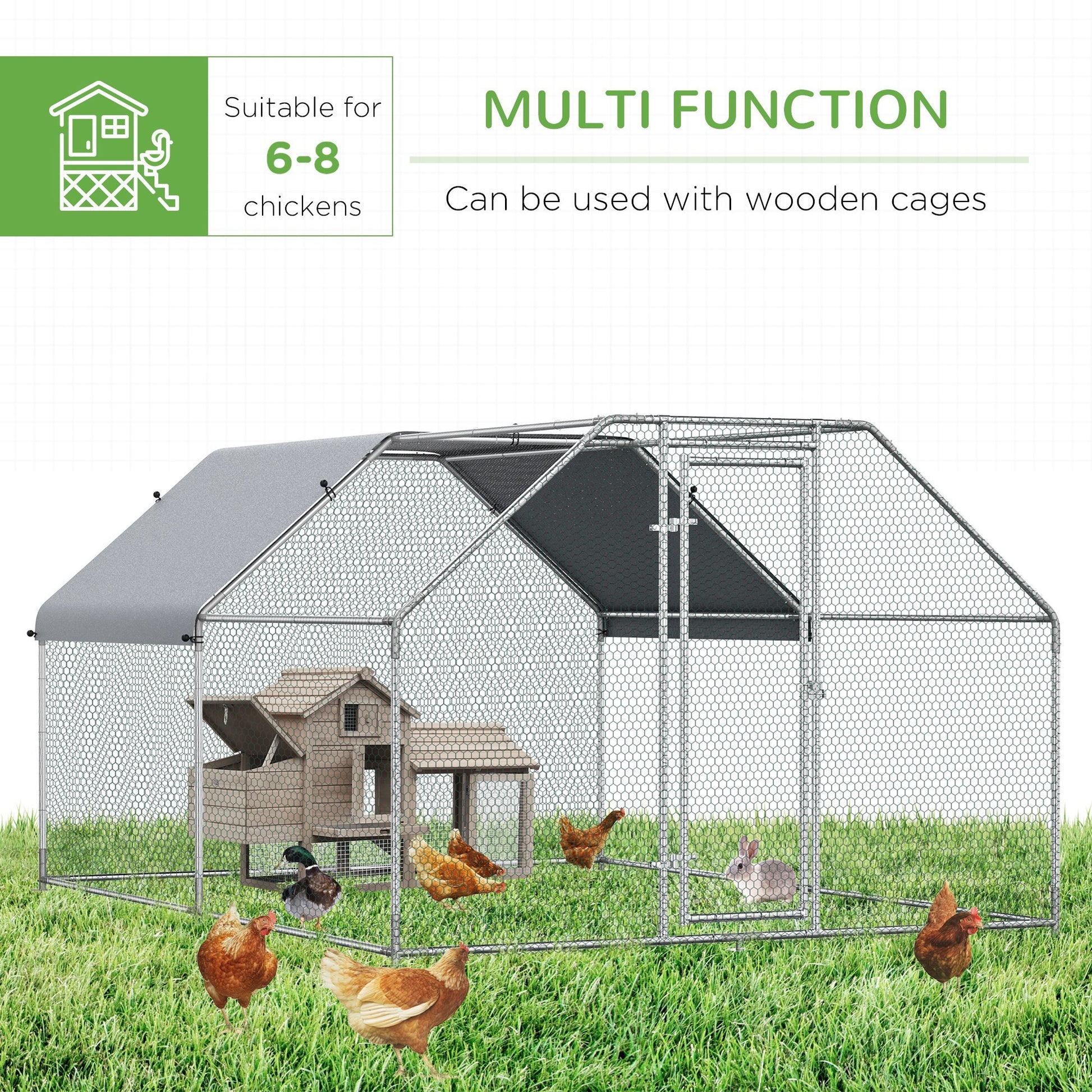 Pawhut Large Chicken Coop Metal Chicken Run With Waterproof And Anti Uv Cover, Flat Shaped Walk In Fence Cage Hen House For Outdoor And Yard Farm Use, 1.26" Tube Diameter, 9' X 12' X 6.5' Silver Steel