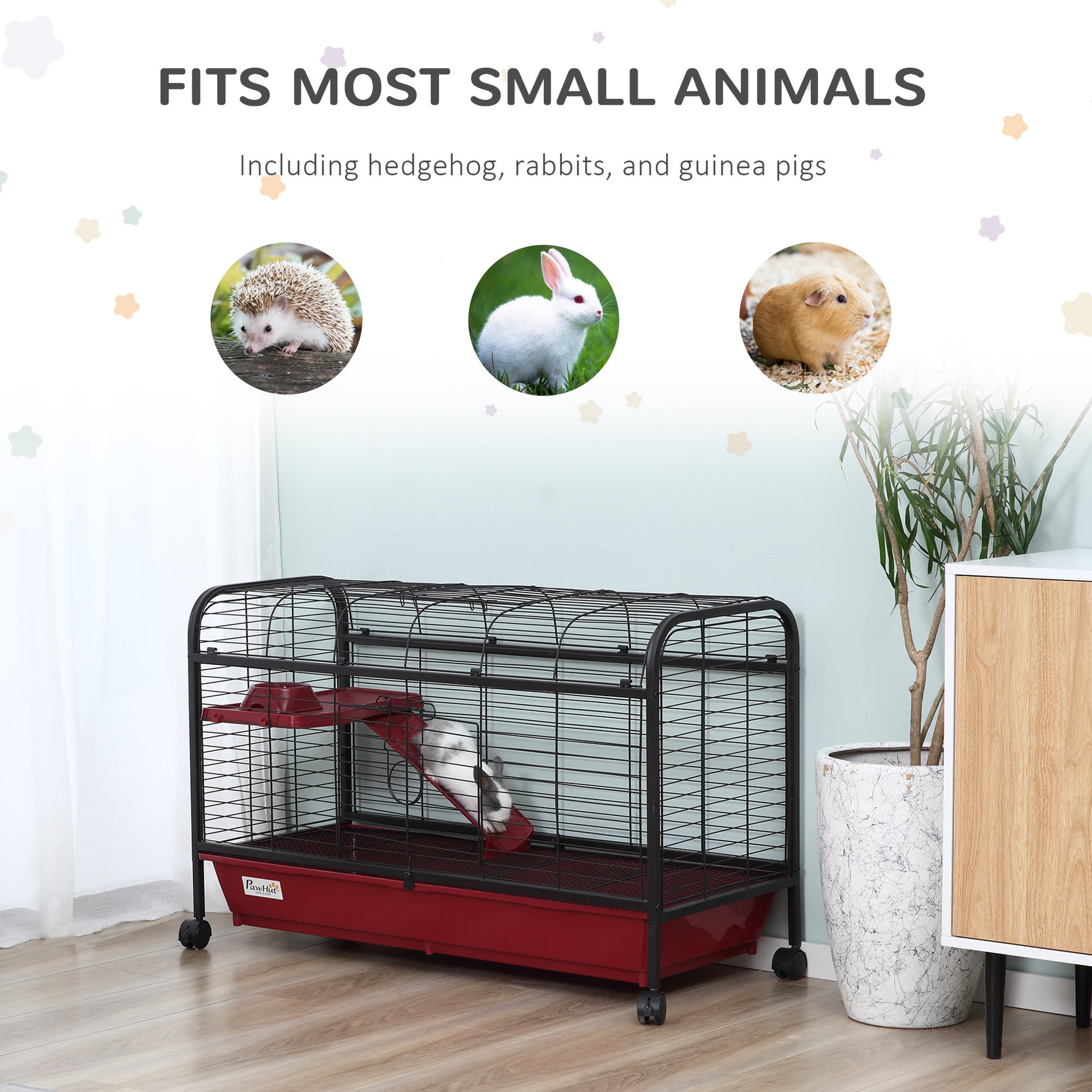 Pawhut 41"L Small Animal Cage Rabbit Hutch Ferret Pet Play House With Feeder, Rolling Wheels, Platform, Ramp Black Steel