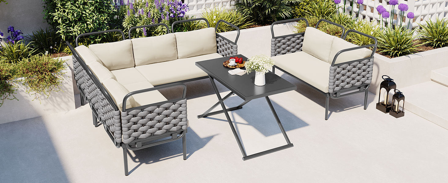 5 Piece Modern Patio Sectional Sofa Set Outdoor Woven Rope Furniture Set With Glass Table And Cushions, Gray Beige Yes Sectional Gray Beige Weather Resistant Frame Water Resistant Cushion Garden & Outdoor Modern Sectional Seating Groups Foam Woven Rope