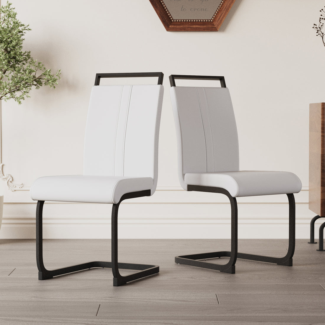 Modern Dining Chairs,Pu Faux Leather High Back Upholstered Side Chair With C Shaped Tube.Black Metal Legs For Dining Room Kitchen Vanity Patio Club Guest Office Chair Set Of 2 White Pu White Kitchen Dining Chairs Foam Pu