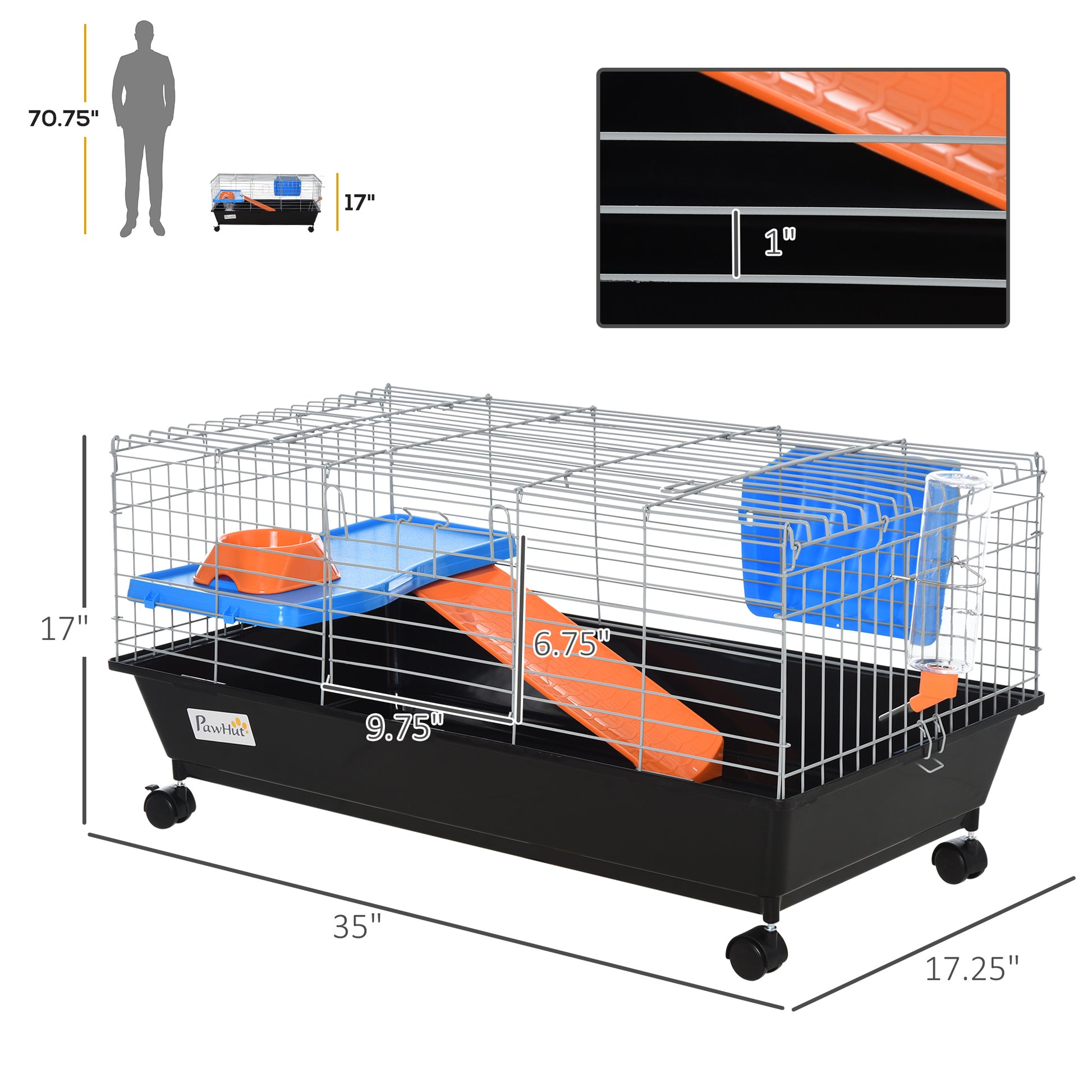 Pawhut 35"L Small Animal Cage, Rolling Bunny Cage, Guinea Pig Cage With Food Dish, Water Bottle, Hay Feeder, Platform, Ramp For Ferret Chinchilla, Black Black Steel