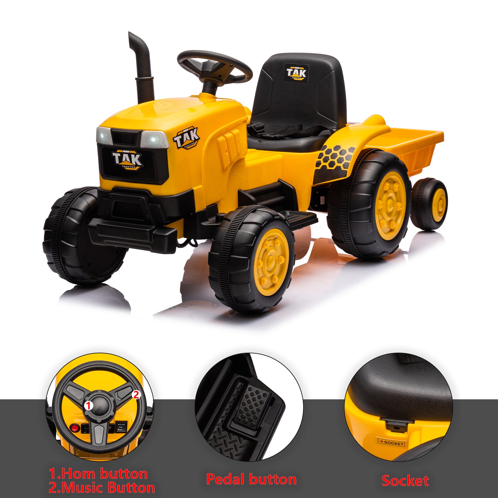 12V Kids Ride On Tractor Electric Excavator Battery Powered Motorized Car For Kids Ages 3 6, Withdetachable Trailer, Remote Control, & Bright Headlight, Yellow Yellow Polyvinyl Chloride