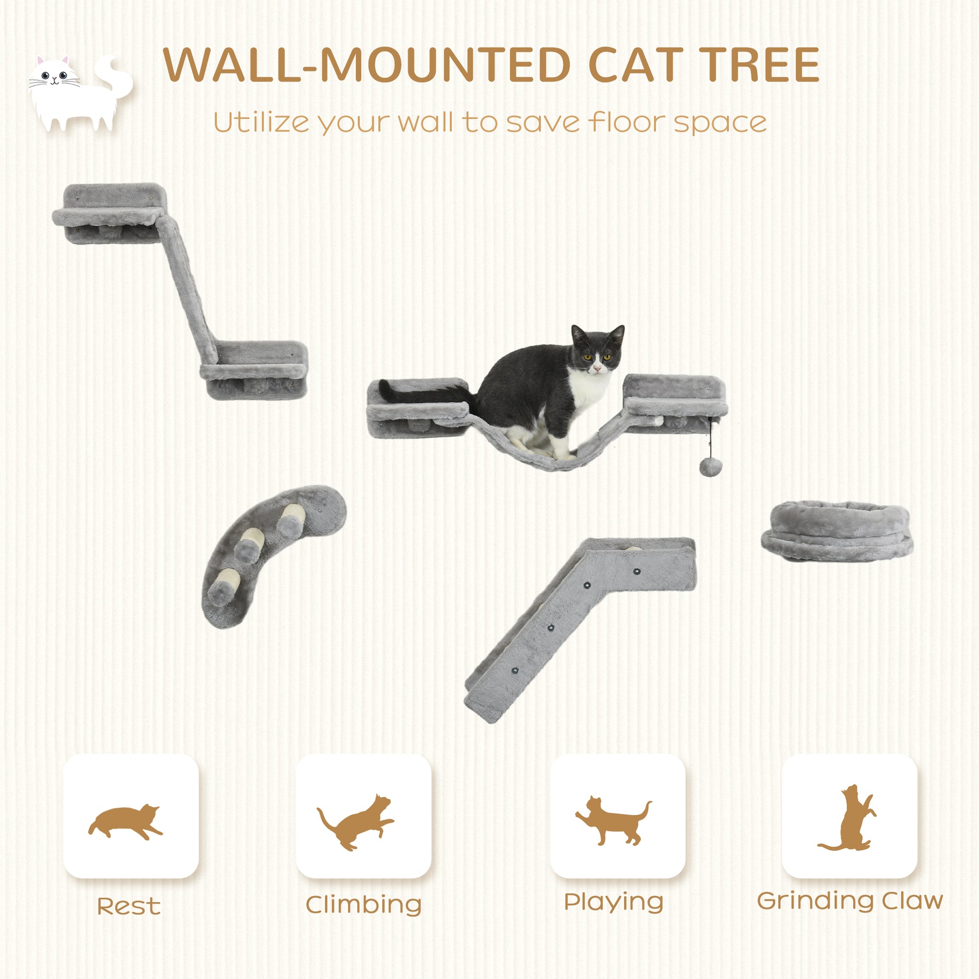 Pawhut 5Pcs Cat Wall Shelves, Cat Wall Furniture With Steps, Perches, Ladders, Platforms, Wall Mounted Cat Furniture With Soft Plush, Sisal, For Indoor Cats, Gray Gray Particle Board