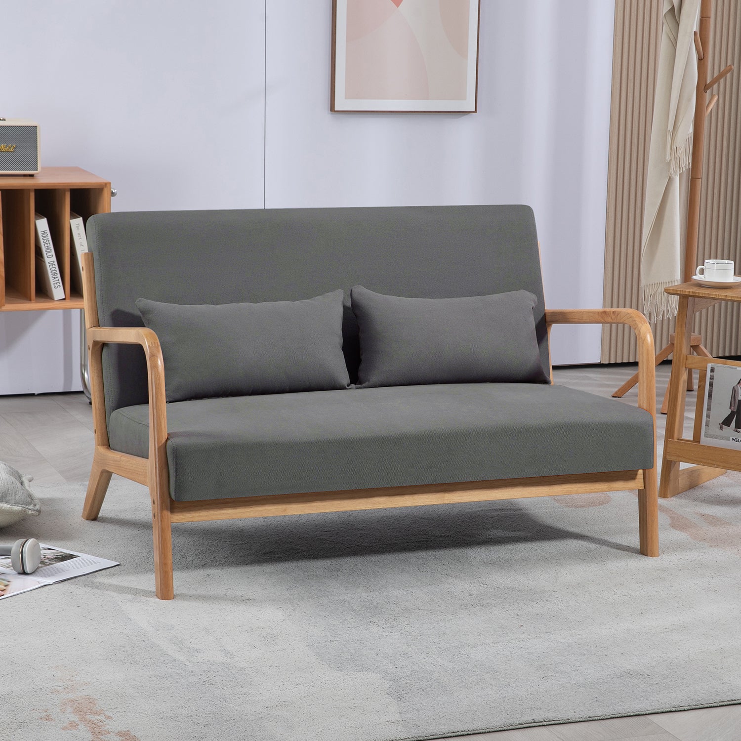 Leisure Chair With Solid Wood Armrest And Feet, Mid Century Modern Accent Sofa,2 Seat Dark Gray Linen