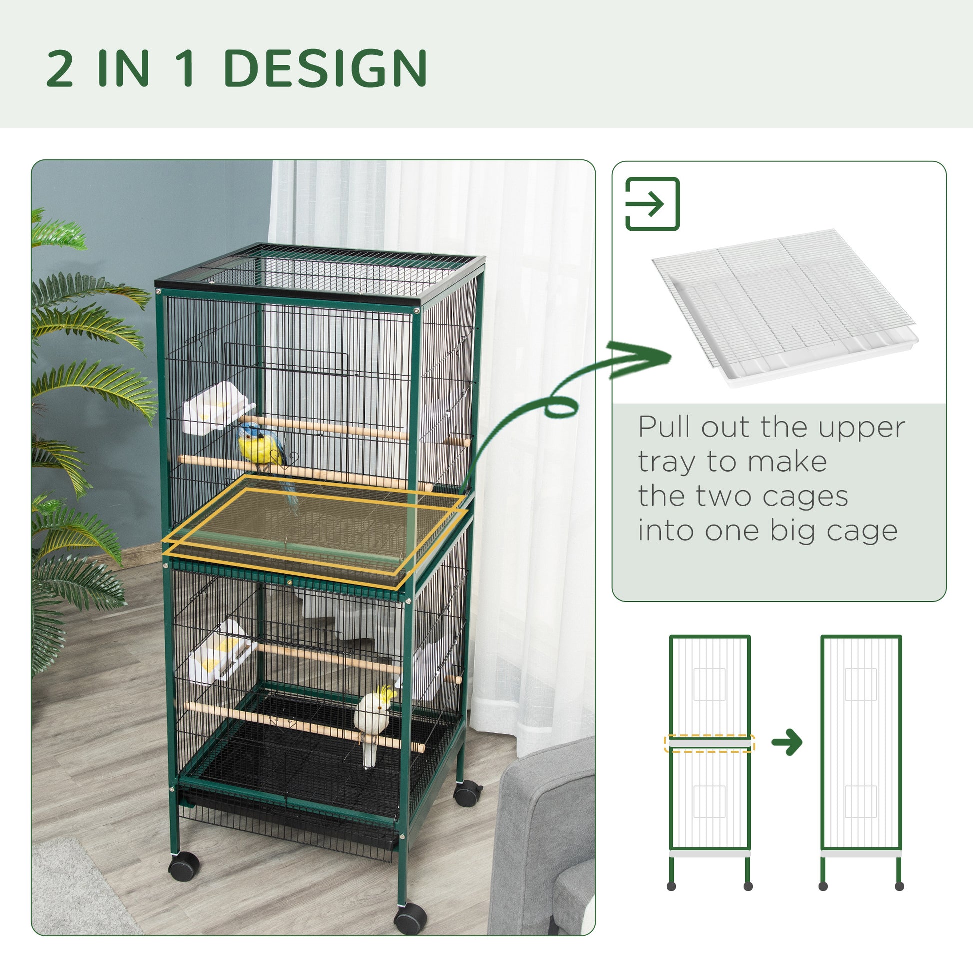 Pawhut 55 Inch Large Flight Bird Cage, Bird Aviary Indoor With Multi Door Design, Parrot Cage With Stand & Tray For Budgies, Canaries, Finches, Green Green Wood