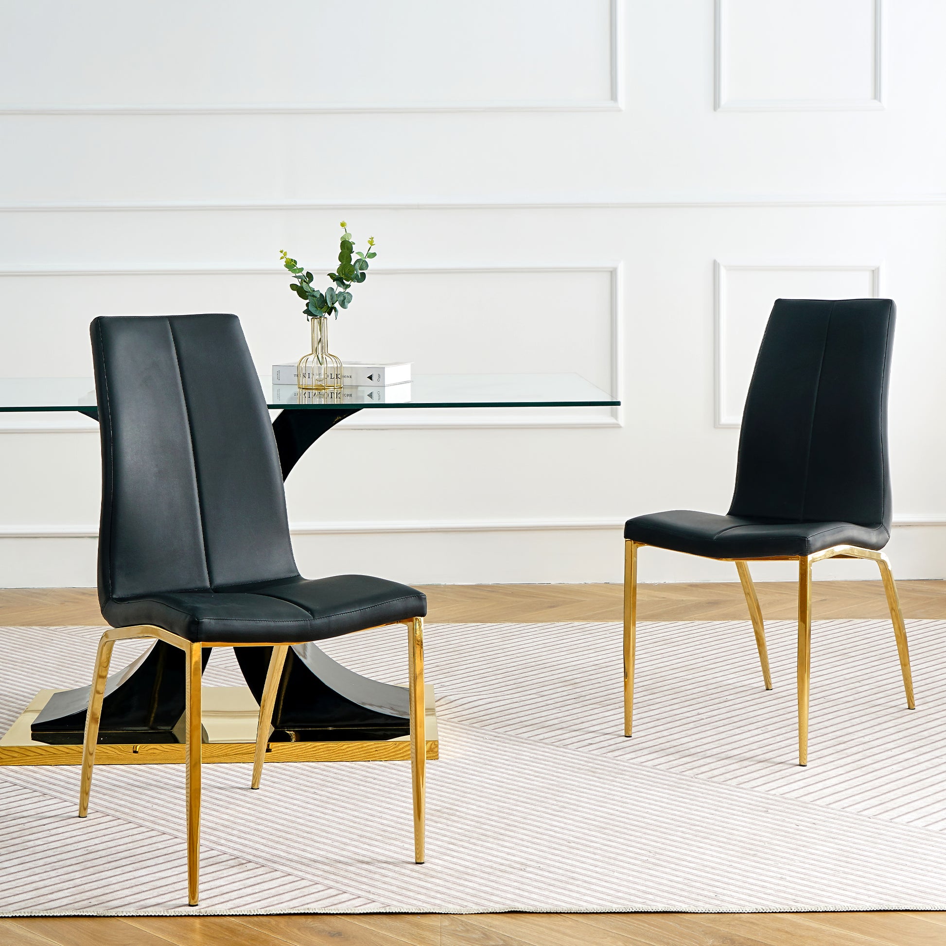 Modern Simple Table And Chair Set, One Table And Four Chairs. Transparent Tempered Glass Table Top, Solid Base. Gold Plated Metal Chair Legs Set Of 5 Black Mdf Metal