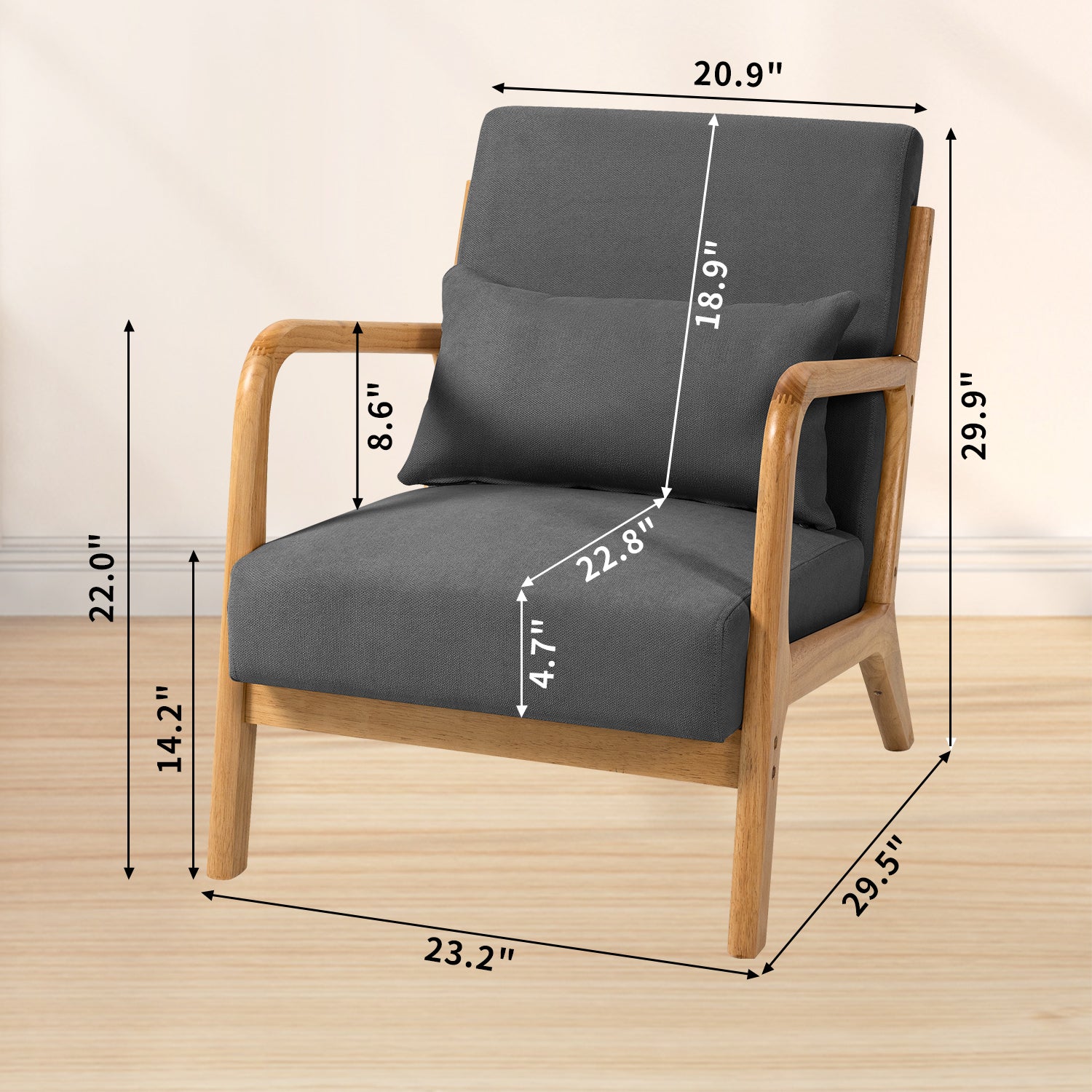 Leisure Chair With Solid Wood Armrest And Feet, Mid Century Modern Accent Sofa,1 Seat Dark Grey Linen