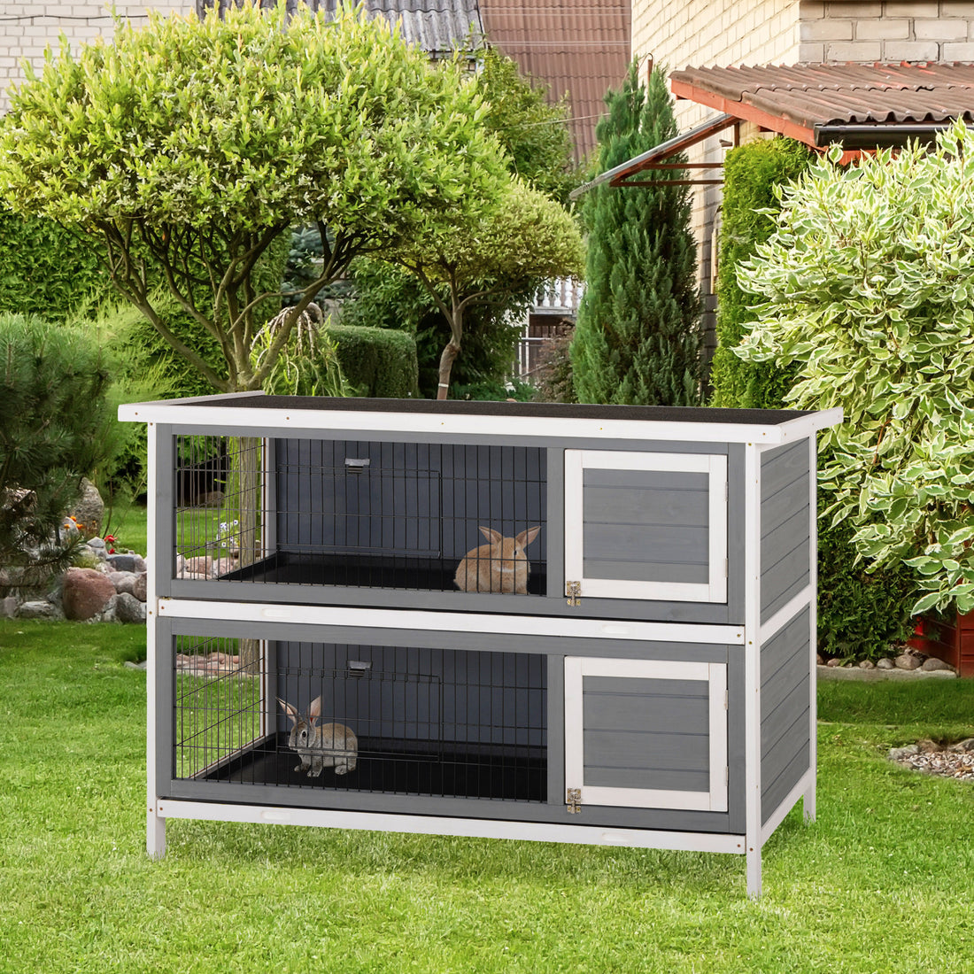 Pawhut 54" 2 Story Large Rabbit Hutch Bunny Cage Wooden Pet House Small Animal Habitat With Lockable Doors, No Leak Tray And Waterproof Roof For Outdoor Indoor Dark Grey Gray Wood