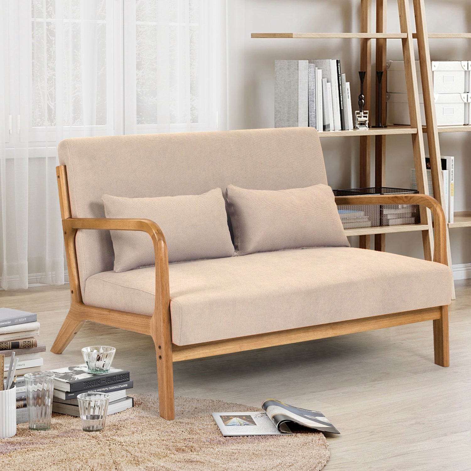 Leisure Chair With Solid Wood Armrest And Feet, Mid Century Modern Accent Sofa,2 Seat Beige Linen