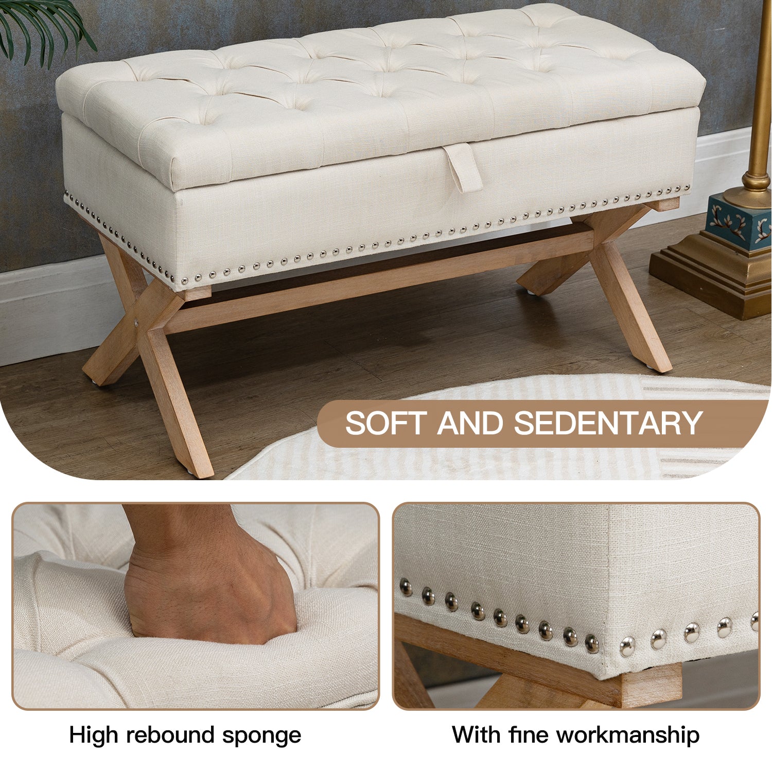 35 Inch Storage Ottoman, Button Tufted Ottoman Linen Storage Bench, Ottoman With Storage Light Beige Burlap