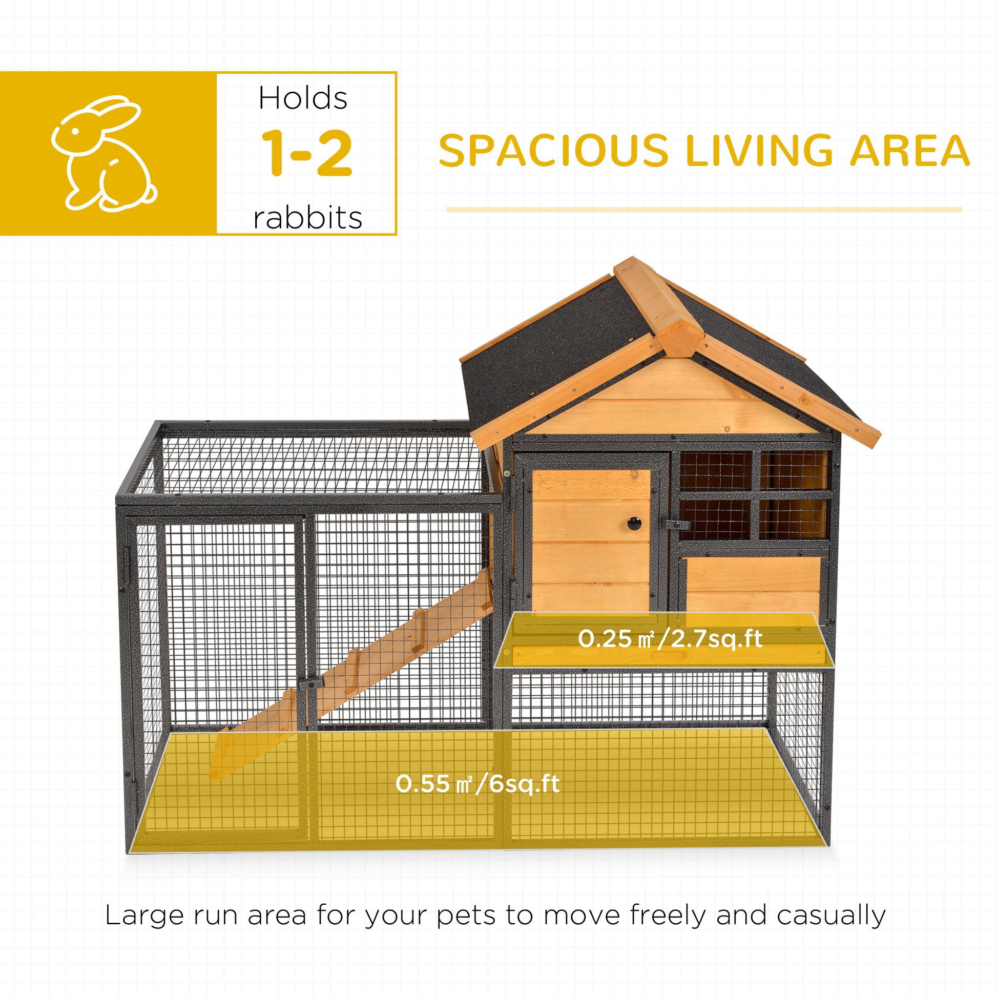 Pawhut 2 Level Rabbit Hutch Bunny House With Weatherproof Asphalt Roof, Removable Tray And Ramp For Outdoor Yellow Wood