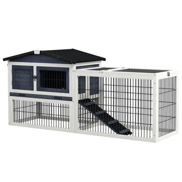 Pawhut 2 Levels Outdoor Rabbit Hutch With Openable Top, 59" Wooden Large Rabbit Cage With Run Weatherproof Roof, Removable Tray, Ramp, Dark Gray Gray Wood