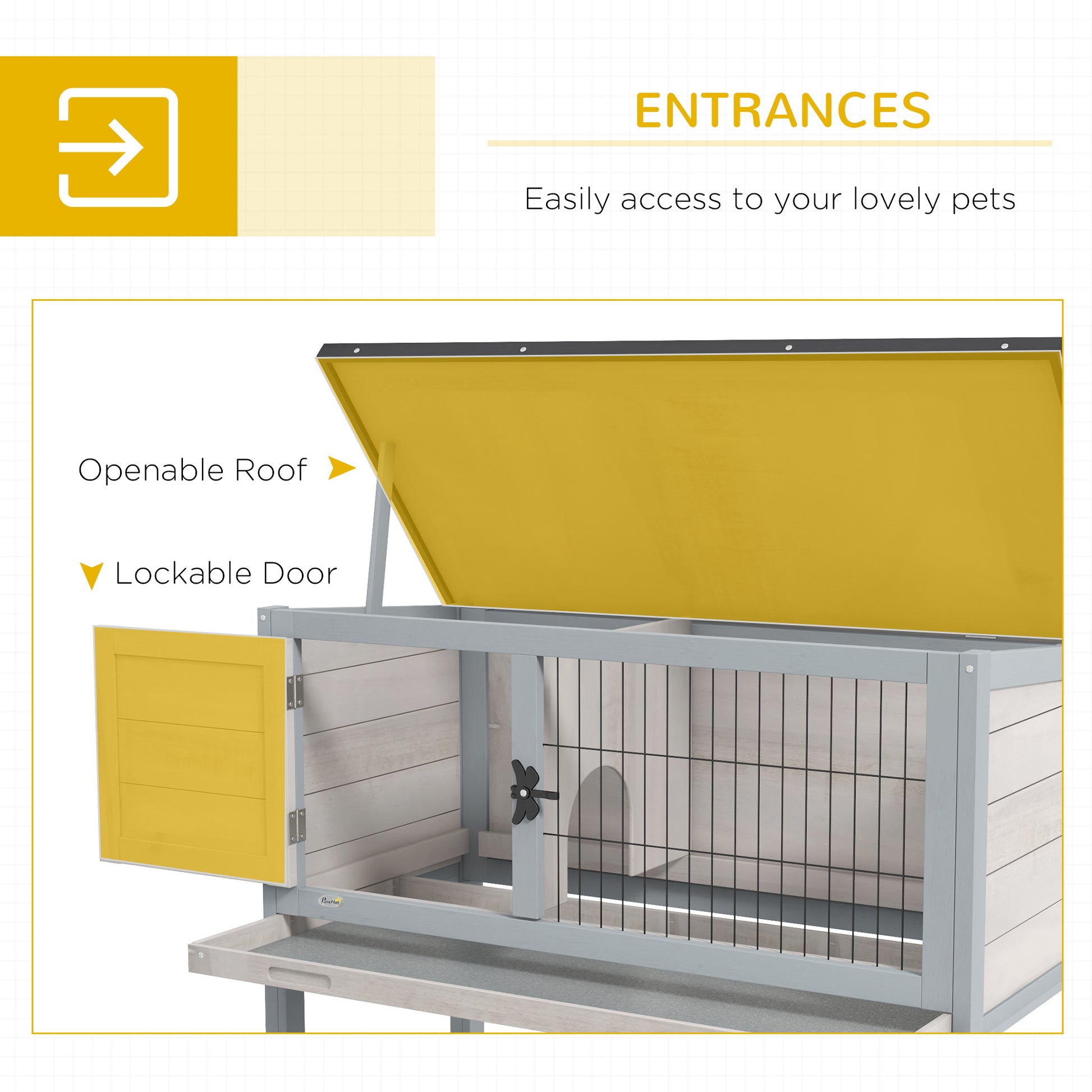 Pawhut Elevated Wooden Rabbit Hutch, Indoor Outdoor Bunny Cage With Hinged Asphalt Roof And Removable Tray For Guinea Pig, Gray Gray Wood