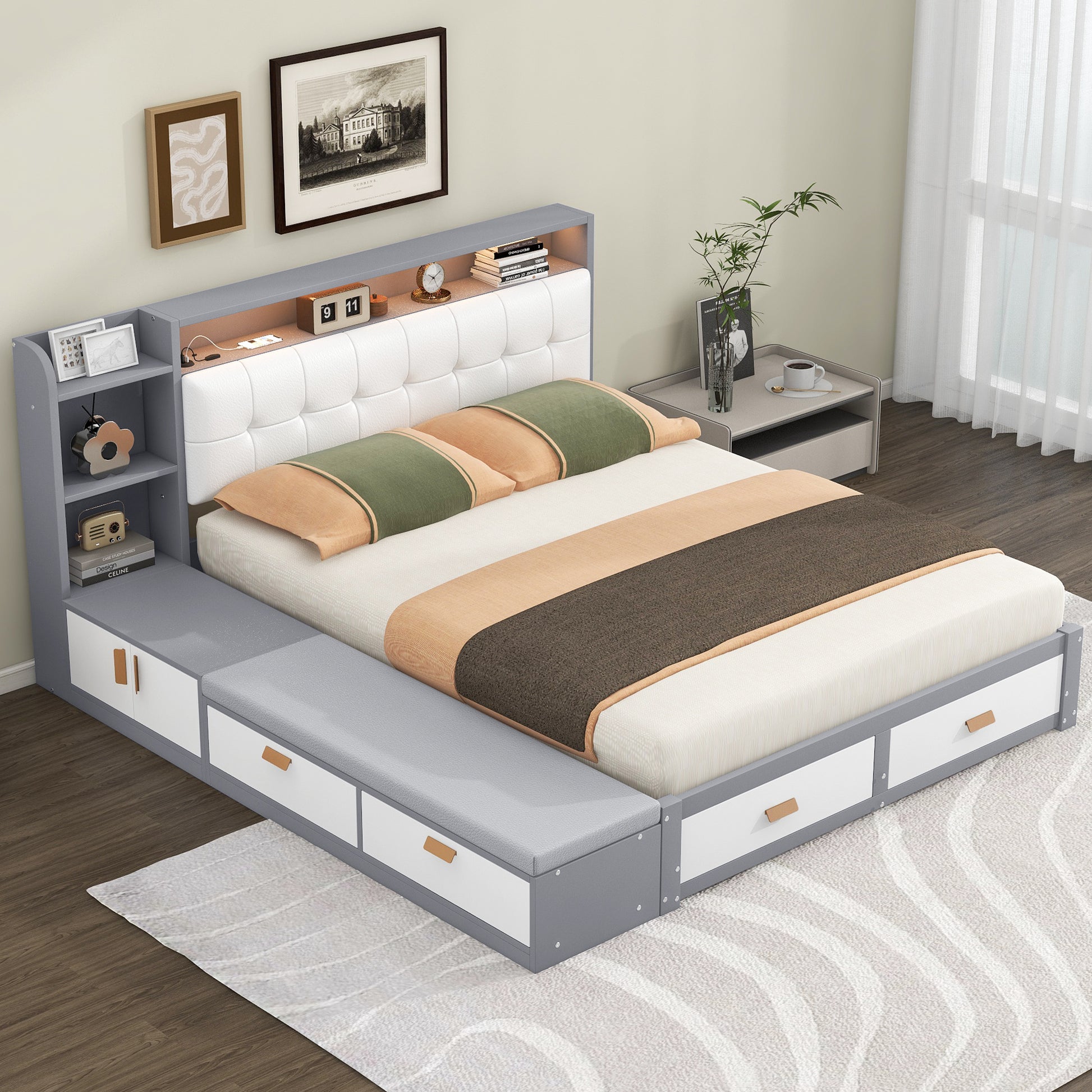 Queen Size Low Profile Platform Bed Frame With Upholstery Headboard And Storage Shelves And Drawers,Usb Charging Design,Gray Queen Gray Solid Wood Mdf