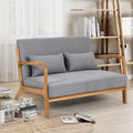 Leisure Chair With Solid Wood Armrest And Feet, Mid Century Modern Accent Sofa,2 Seat Light Gray Linen