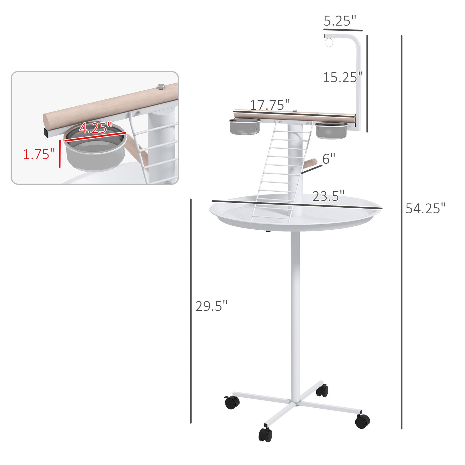 Pawhut Bird Stand, Parrot Stand With Wheels, Perches, Stainless Steel Feed Bowls, Round Tray, Bird Play Stand For Indoor Outdoor, White White Steel