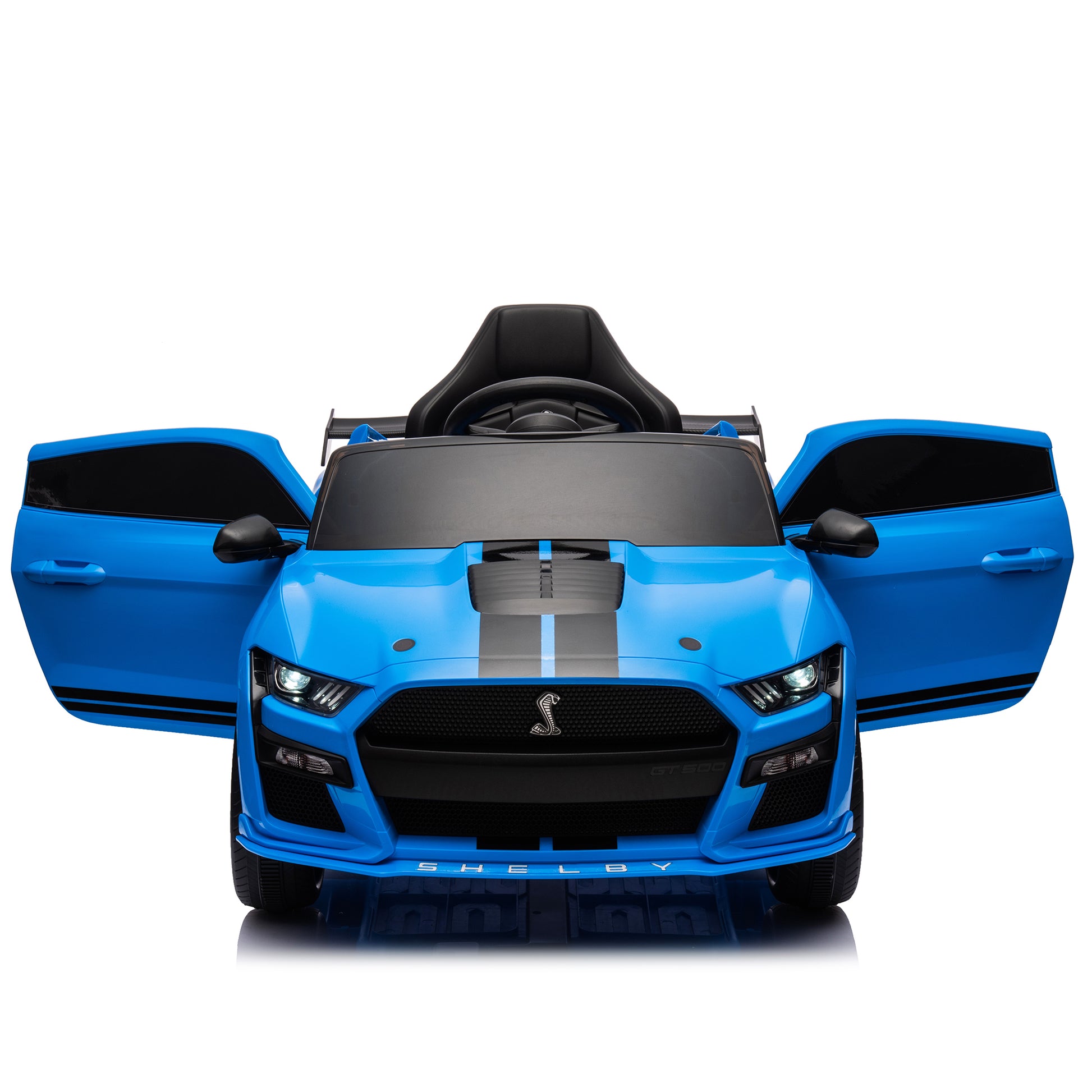 12V Ford Mustang Shelby Gt500 Ride On Car With Remote Control 3 Speeds, Electric Vehicle Toy For Kid,Led Lights, Radio, Aux Usb Mp3 Music,Safe Belt,Age3 Blue Plastic