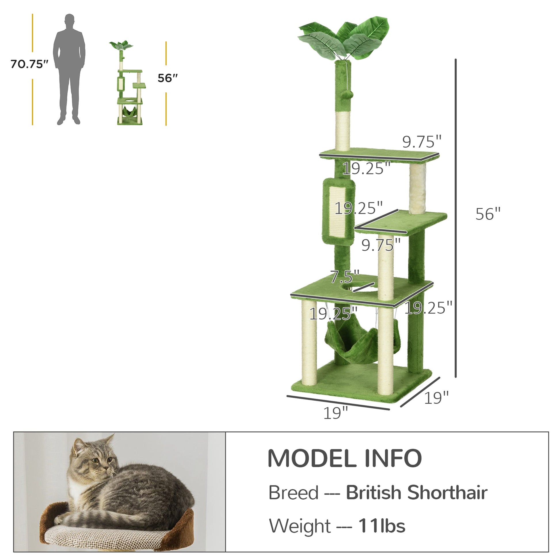 Pawhut 56" Cat Tree For Indoor Cats With Hammock, Cat Tower With Scratching Post, Platforms, Play Ball And Anti Tipping Device, For Indoor Cats, Green Green Particle Board