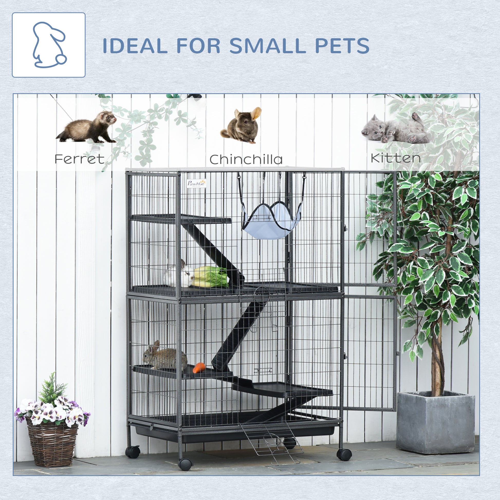 Pawhut 50" H 5 Tier Small Animal Cage, Ferret Cage, Large Chinchilla Cage With Hammock Accessory Heavy Duty Steel Wire, Small Animal Habitat With 4 Doors, Removable Tray, Silver Gray Steel