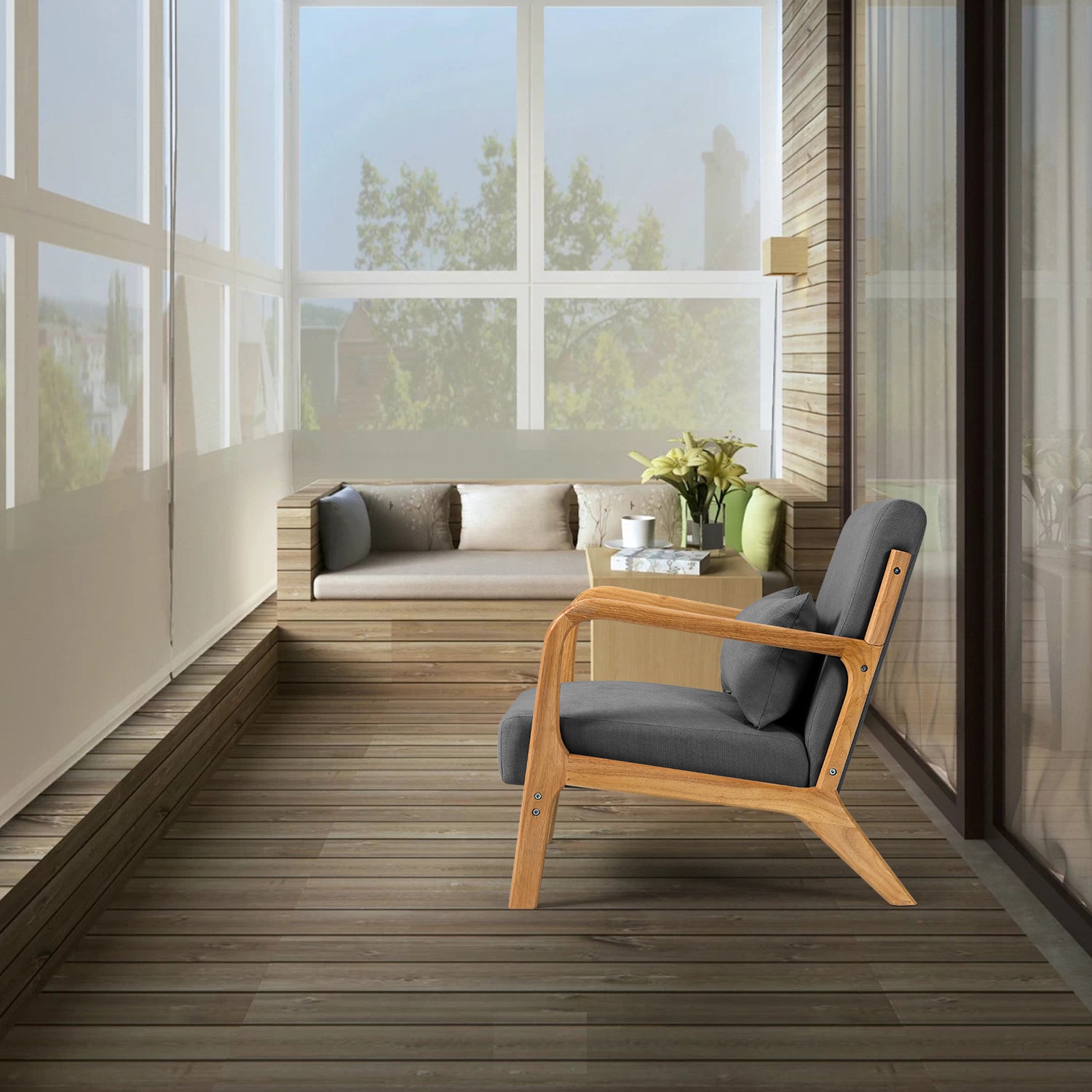 Leisure Chair With Solid Wood Armrest And Feet, Mid Century Modern Accent Sofa,1 Seat Dark Grey Linen