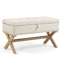 35 Inch Storage Ottoman, Button Tufted Ottoman Linen Storage Bench, Ottoman With Storage Light Beige Burlap