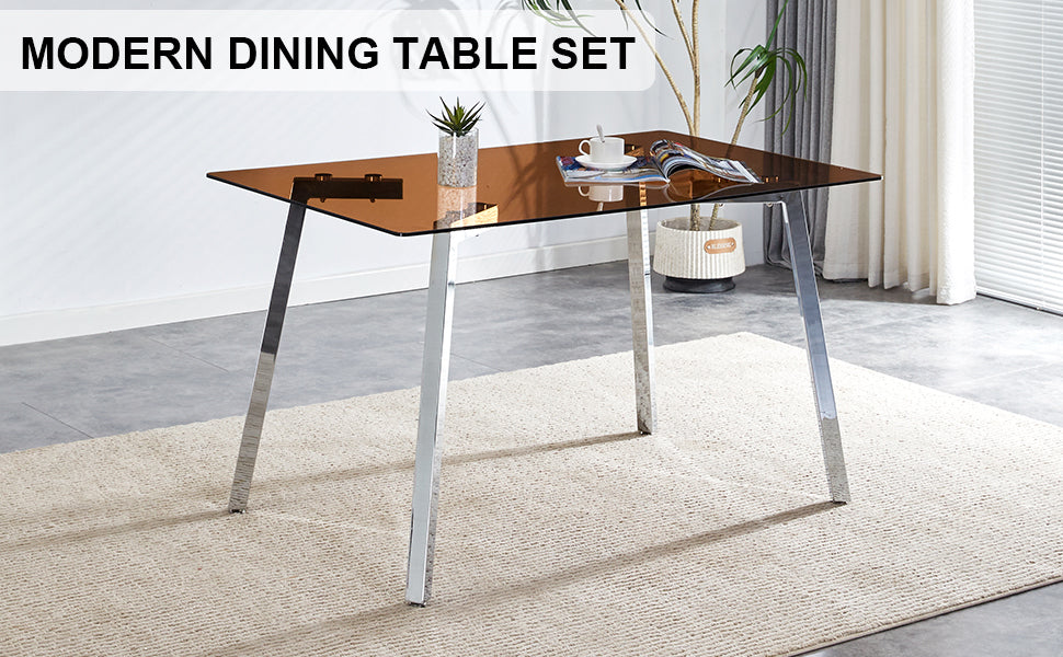 Modern Minimalist Style Rectangular Glass Dining Table, Brown Tempered Glass Tabletop And Silver Metal Legs, Suitable For Kitchen, Dining Room, And Living Room, 51 "* 31.5" * 29.5 "1123 Brown Glass