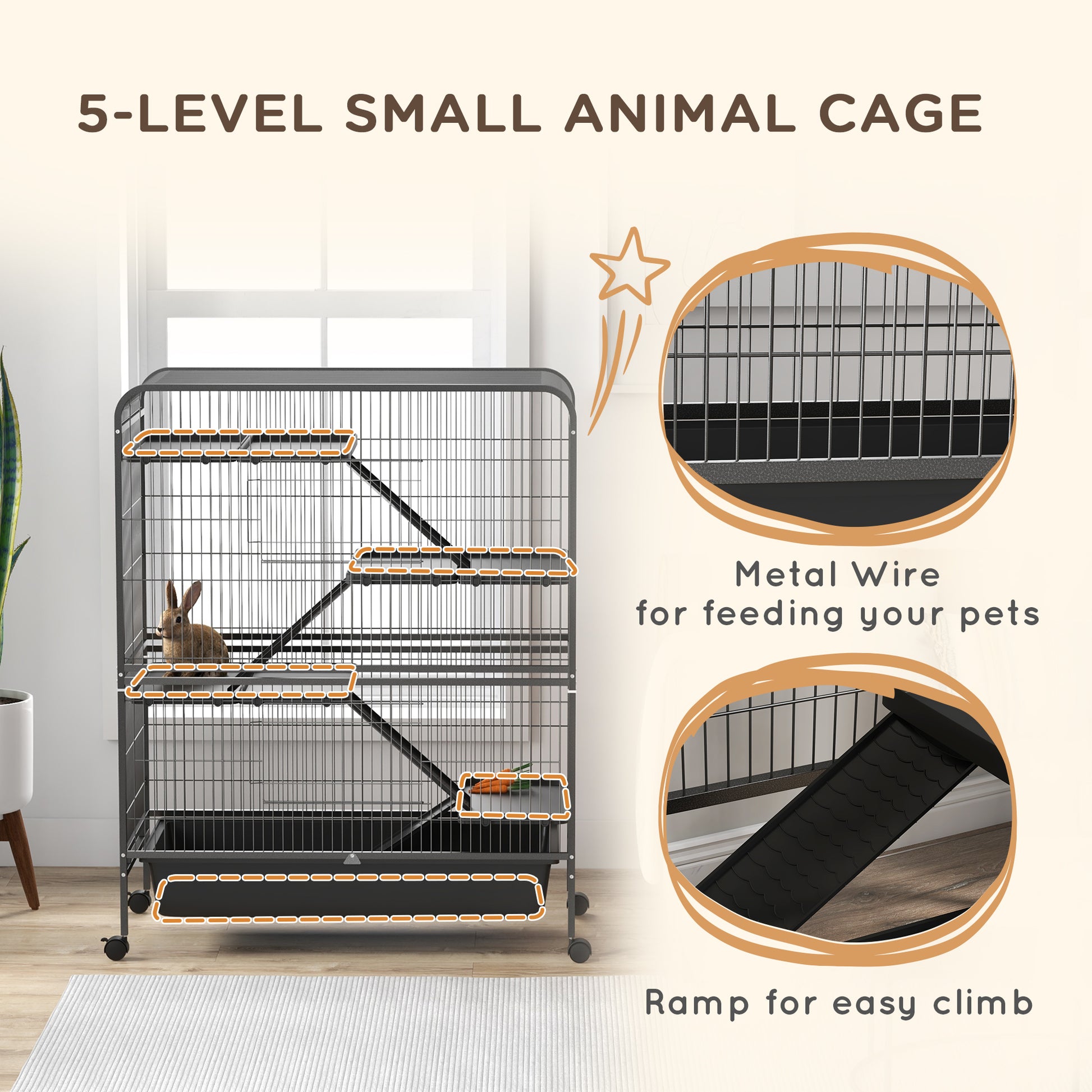 Pawhut 53.5" Small Animal Cage, 5 Level Metal Ferret Or Bunny Cage With Wheels, Chinchilla Cage With Removable Tray, 2 Front Doors, Ramps, Gray Gray Steel