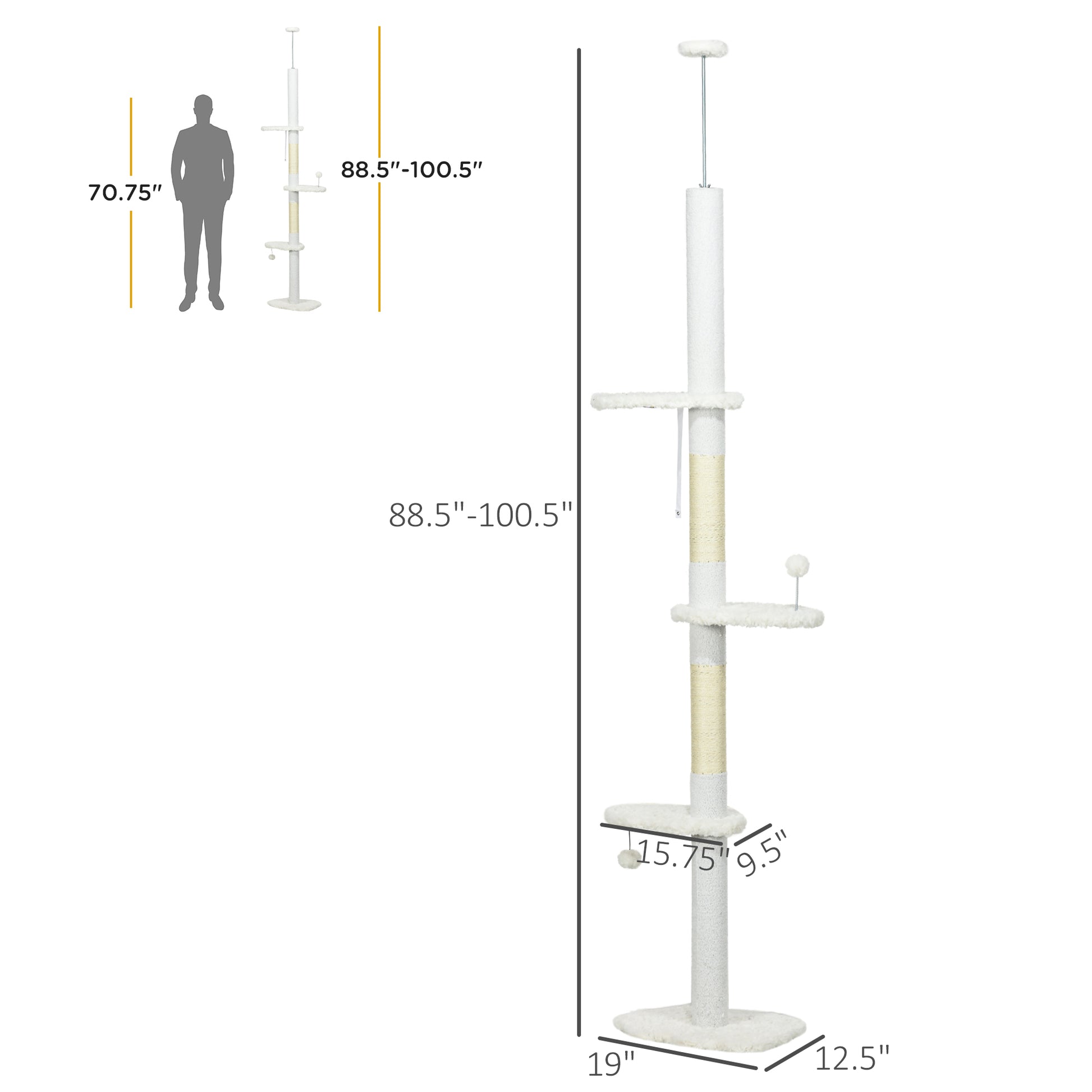 Pawhut Floor To Ceiling Cat Tree With Scratching Posts, 88.5" 100.5" Adjustable Height, Cat Climbing Tower With Cloud Shape Platforms, Toy Balls, Anti Toppling Device, White White Particle Board