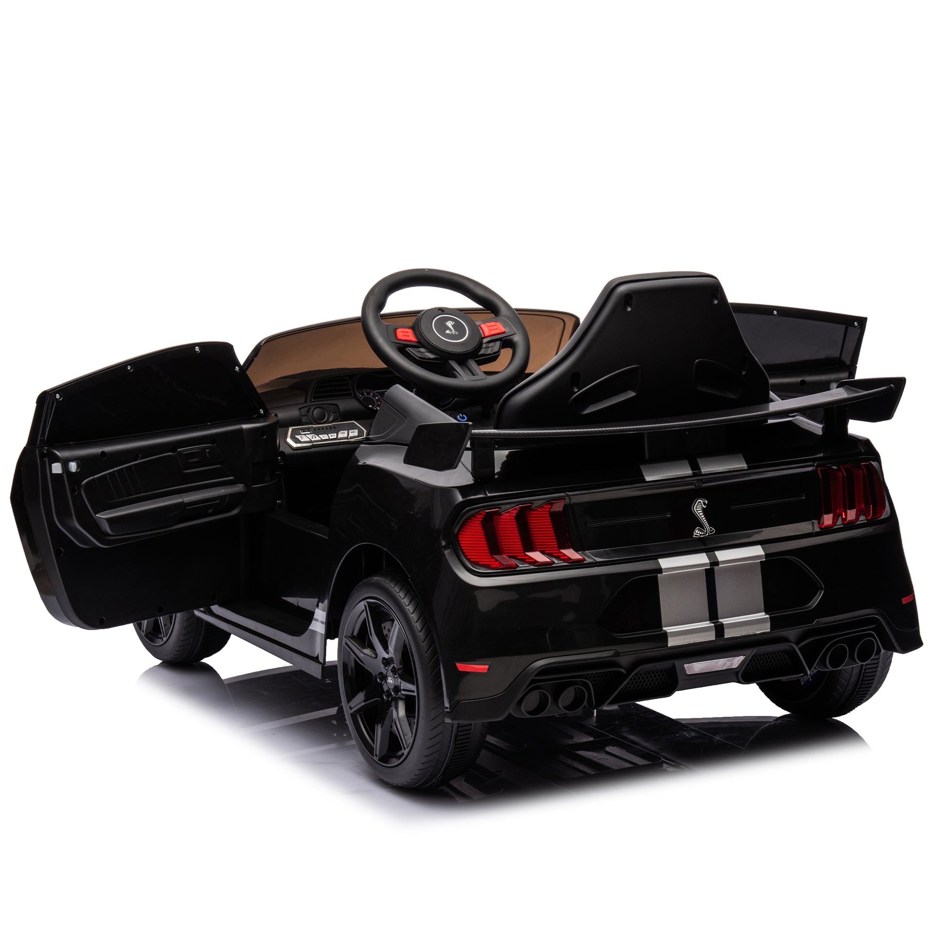 12V Ford Mustang Shelby Gt500 Ride On Car With Remote Control 3 Speeds, Electric Vehicle Toy For Kid,Led Lights, Radio, Aux Usb Mp3 Music,Safe Belt,Age3 Black Plastic