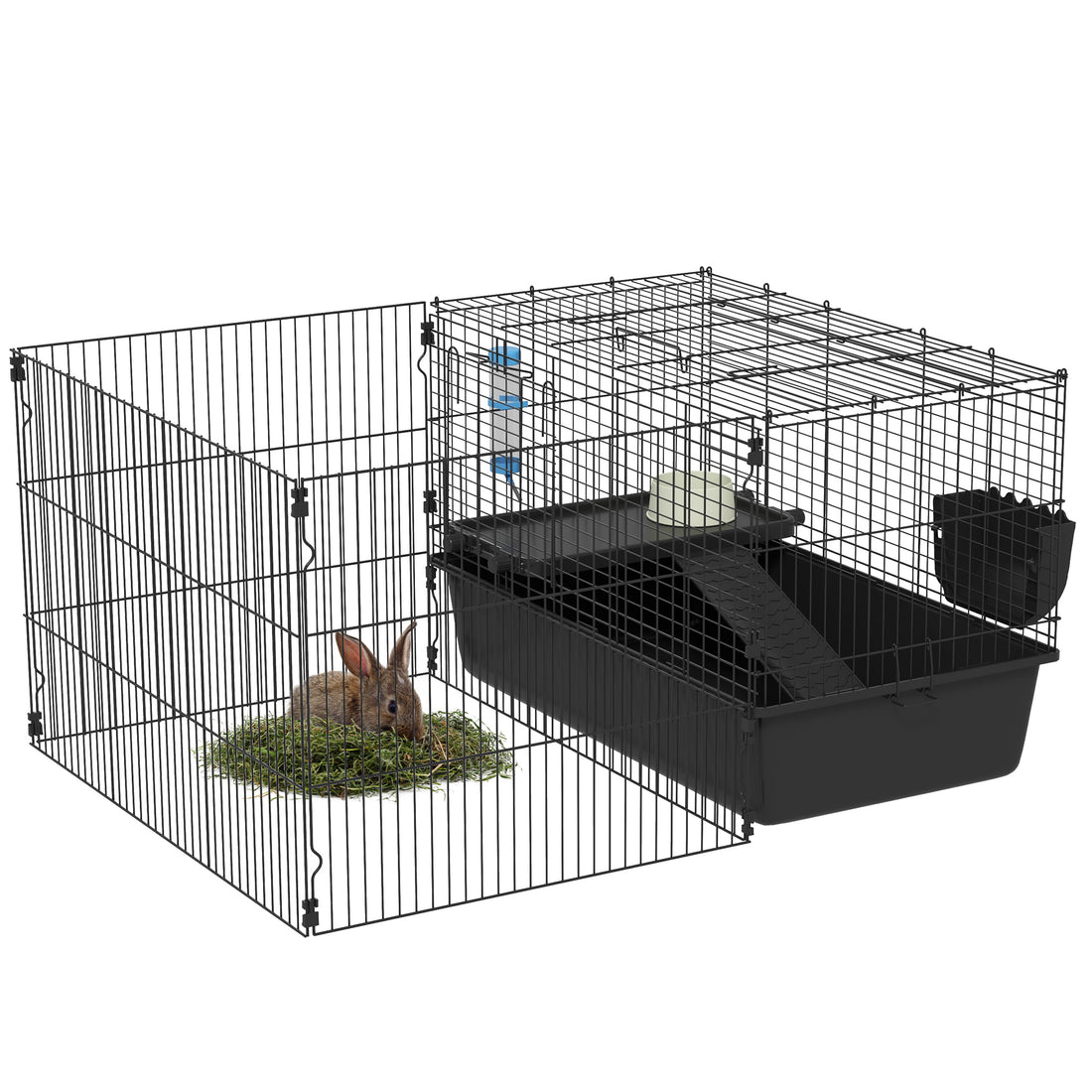 Pawhut Small Animal Cage With Playpen, Pet Habitat Indoor For Guinea Pigs Hedgehogs Bunnies With Accessories, Water Bottle, Food Dish, Feeding Trough, 42" X 33" X 21" Black Steel