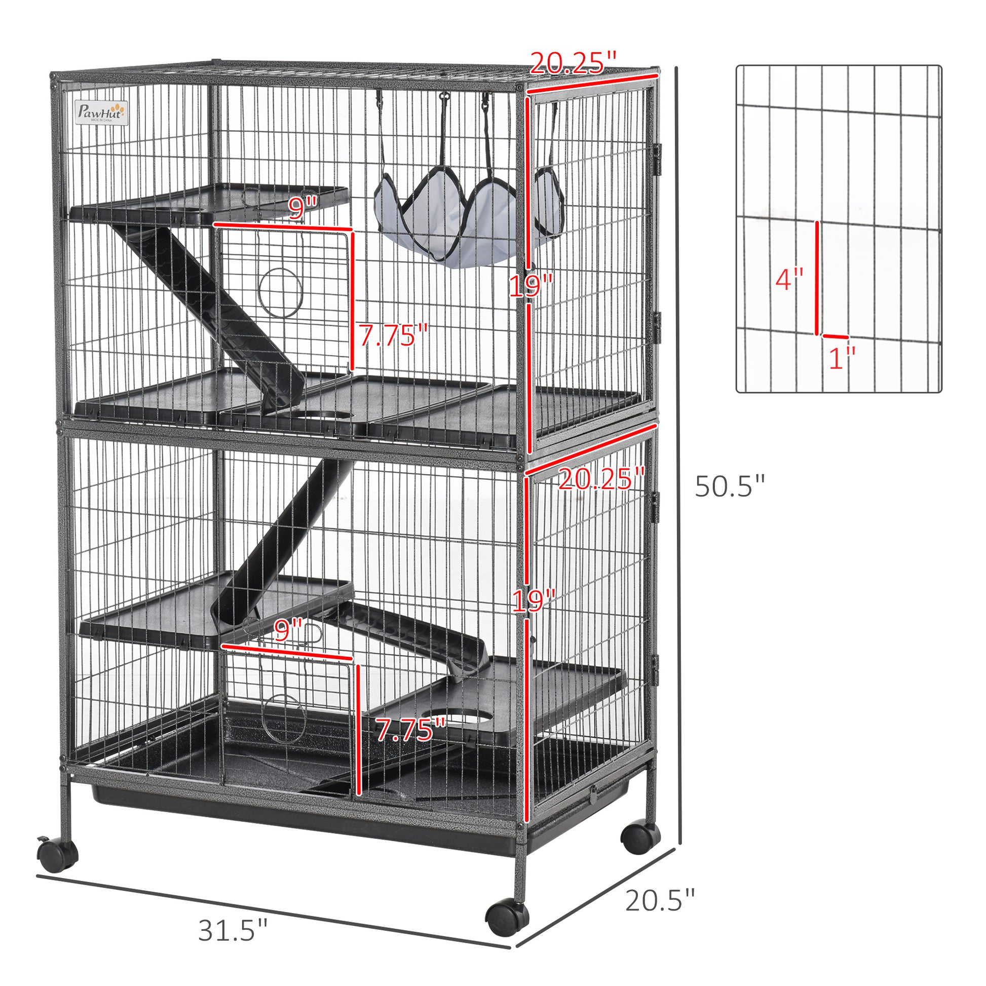 Pawhut 50" H 5 Tier Small Animal Cage, Ferret Cage, Large Chinchilla Cage With Hammock Accessory Heavy Duty Steel Wire, Small Animal Habitat With 4 Doors, Removable Tray, Silver Gray Steel