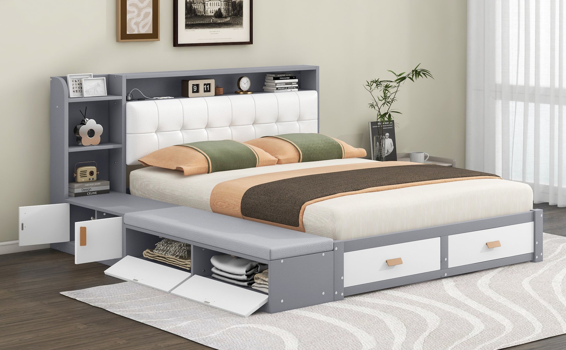 Queen Size Low Profile Platform Bed Frame With Upholstery Headboard And Storage Shelves And Drawers,Usb Charging Design,Gray Queen Gray Solid Wood Mdf