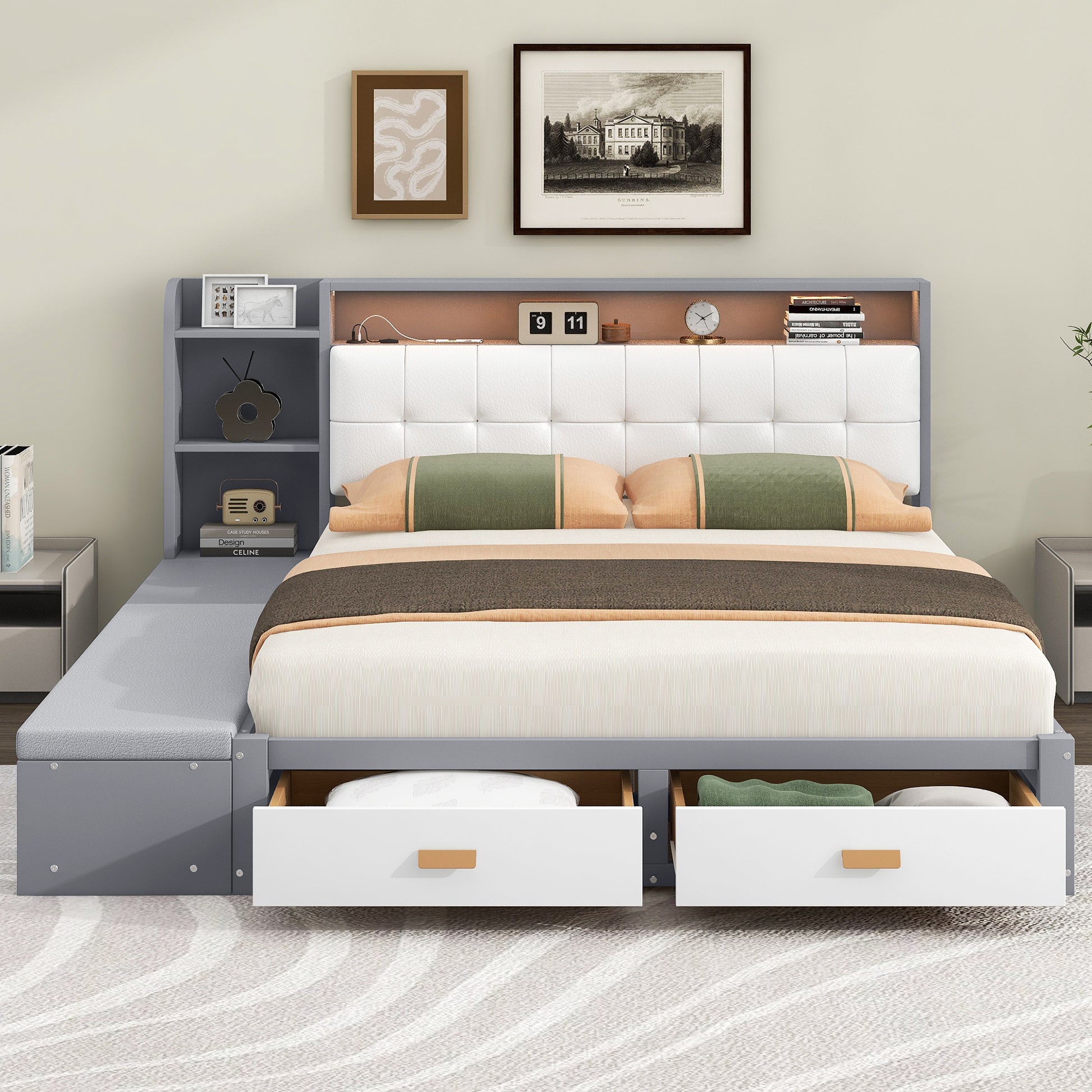 Queen Size Low Profile Platform Bed Frame With Upholstery Headboard And Storage Shelves And Drawers,Usb Charging Design,Gray Queen Gray Solid Wood Mdf