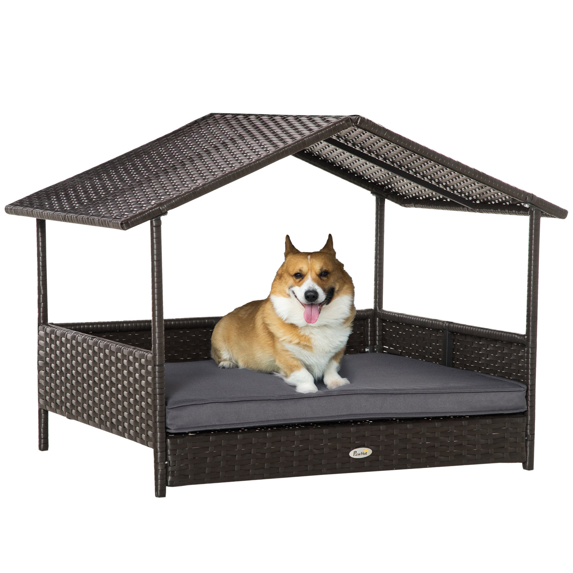 Pawhut Wicker Dog House Outdoor With Canopy, Rattan Dog Bed With Water Resistant Cushion, For Small And Medium Dogs, Gray Gray Rattan