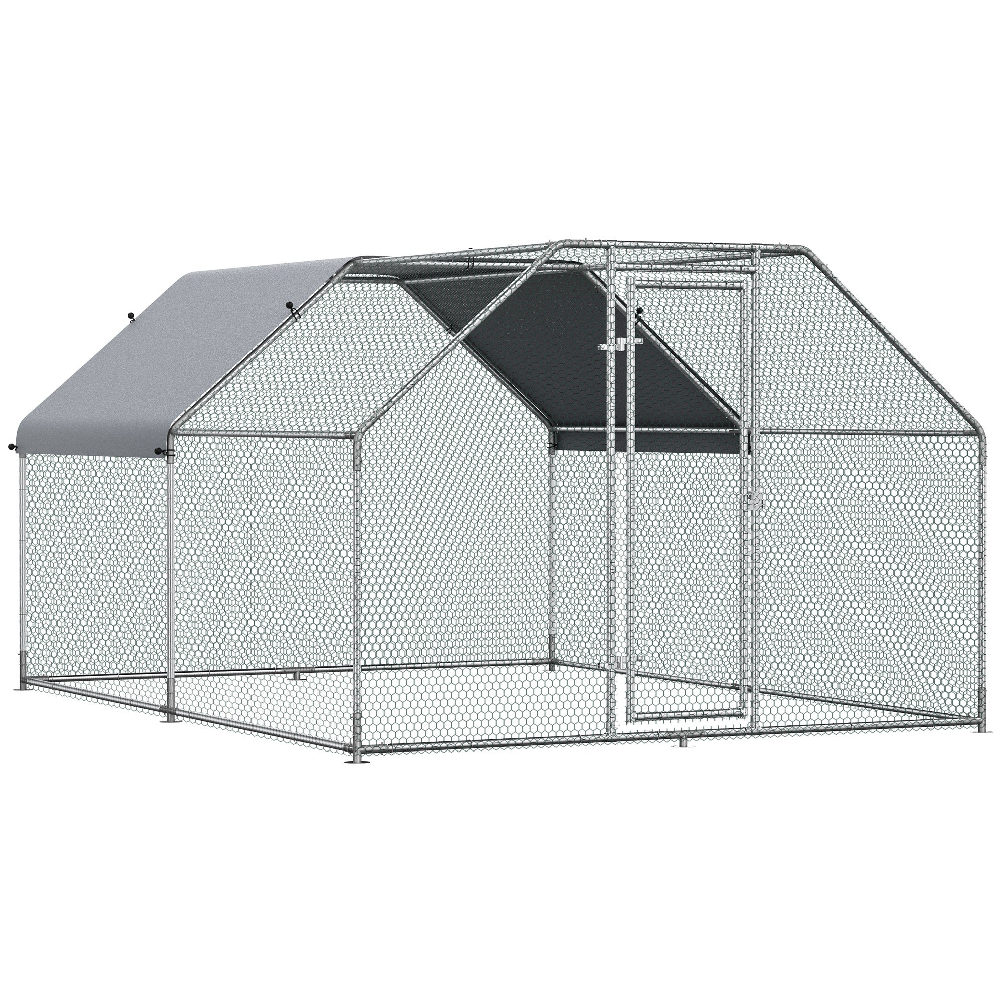 Pawhut Large Chicken Coop Metal Chicken Run With Waterproof And Anti Uv Cover, Flat Shaped Walk In Fence Cage Hen House For Outdoor And Yard Farm Use, 1.26" Tube Diameter, 9' X 12' X 6.5' Silver Steel