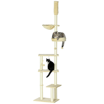 Pawhut Floor To Ceiling Cat Tree, 90.5" 98.5" Adjustable Height, Cat Climbing Tower With Carpeted Platforms, Cozy Bed, Hammock, Scratching Posts, Toy Balls, Activity Center For Kittens, Beige Beige Particle Board