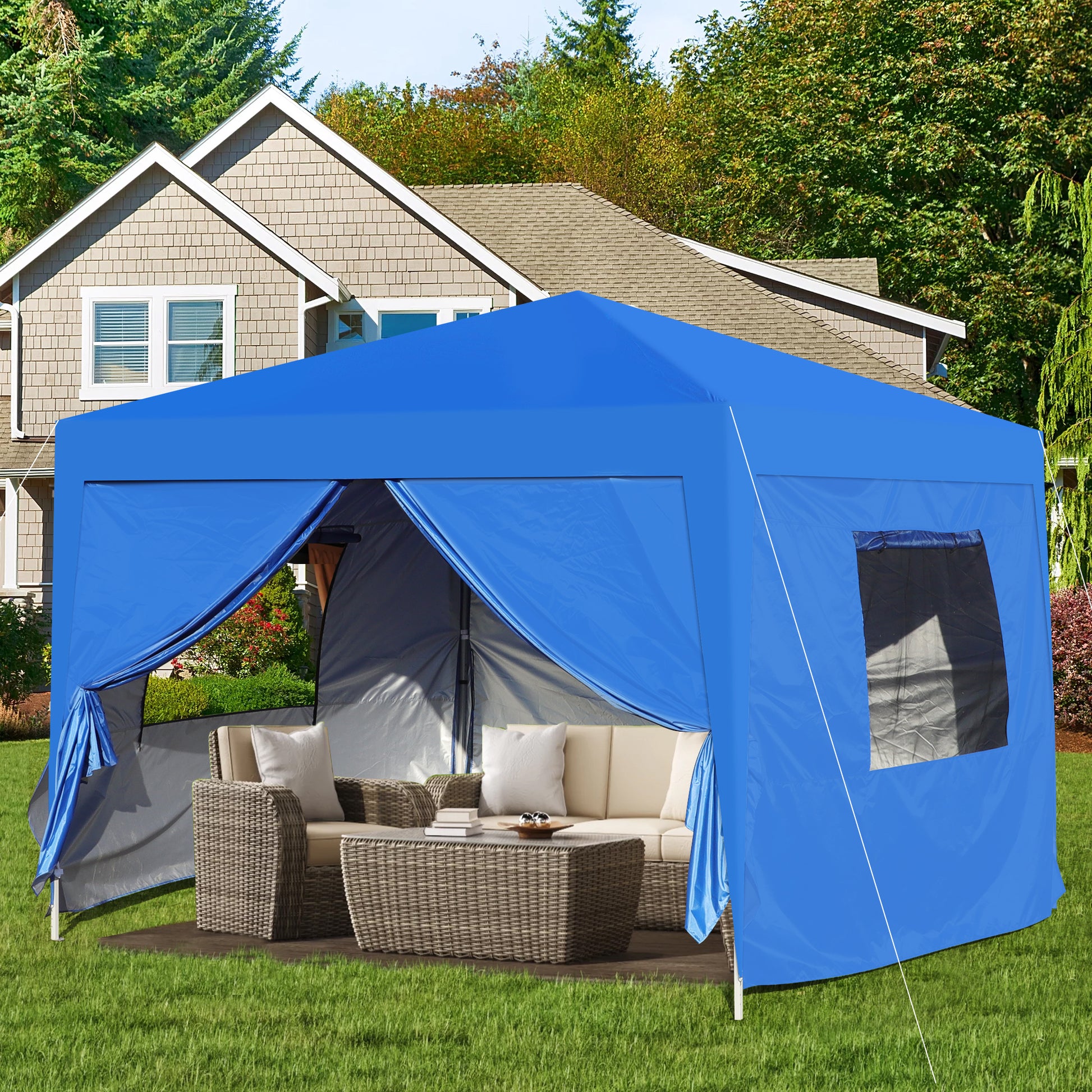 Outdoor 10X 10Ft Pop Up Gazebo Canopy Tent With Removable Sidewall With Zipper,2Pcs Sidewall With Mosquito Netting,With 4Pcs Weight Sand Bag,With Carry Bag Blue Blue Metal