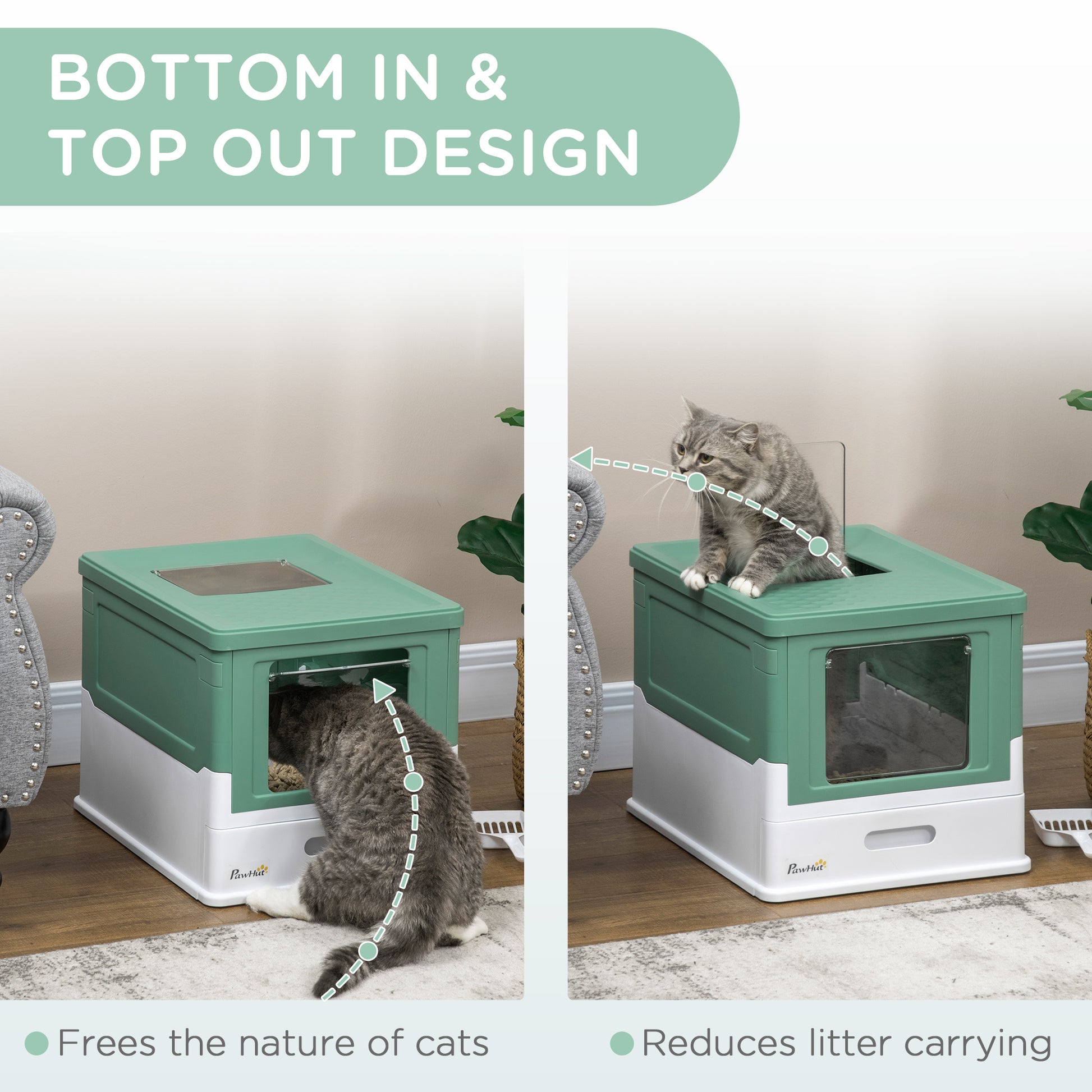 Pawhut Fully Enclosed Cat Litter Box With Scoop, Hooded Cat Litter House With Drawer Type Tray, Foldable Smell Proof Cat Potty With Front Entry, Top Exit, Portable Pet Toilet With Large Space, Green Green Polypropylene