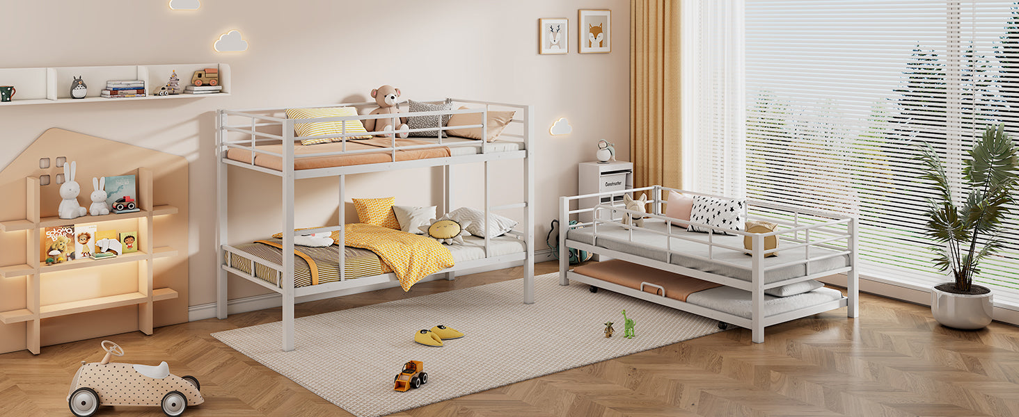 Metal Twin Size Triple Bunk Bed With Trundle, White Antique White Metal