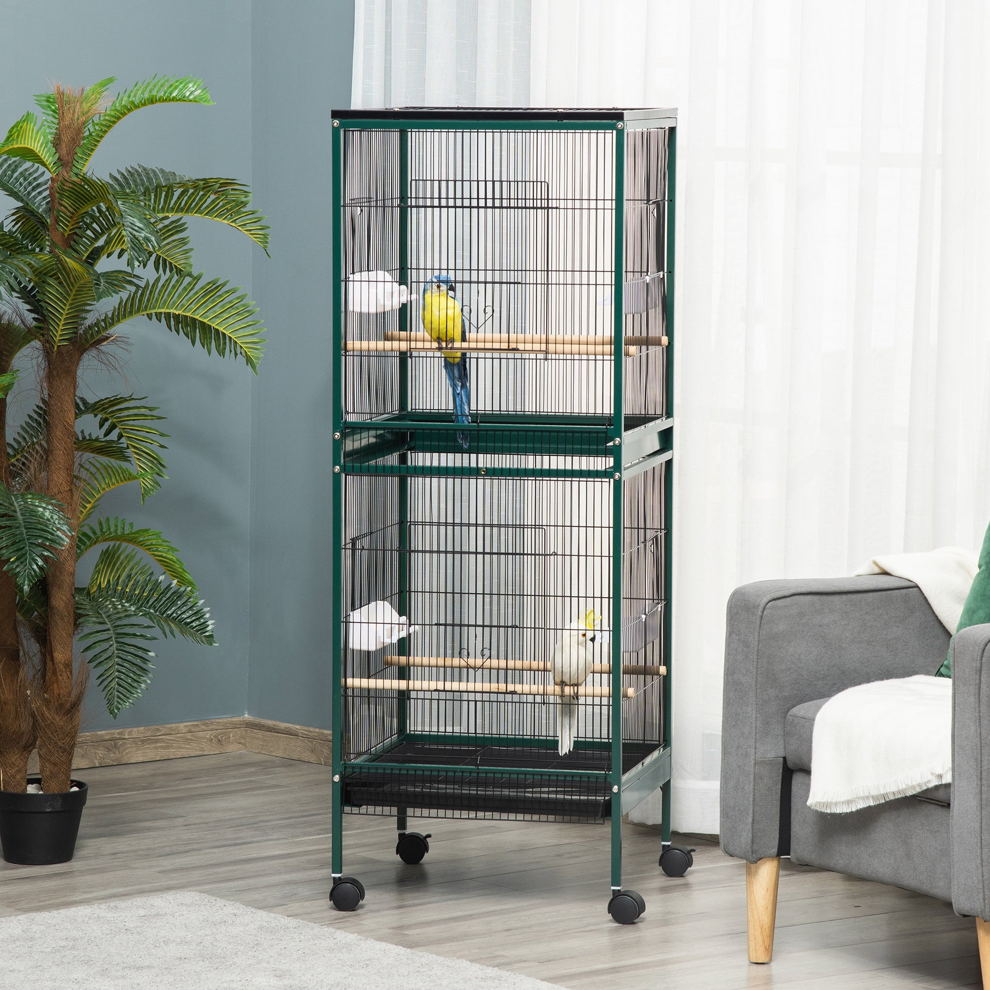 Pawhut 55 Inch Large Flight Bird Cage, Bird Aviary Indoor With Multi Door Design, Parrot Cage With Stand & Tray For Budgies, Canaries, Finches, Green Green Wood