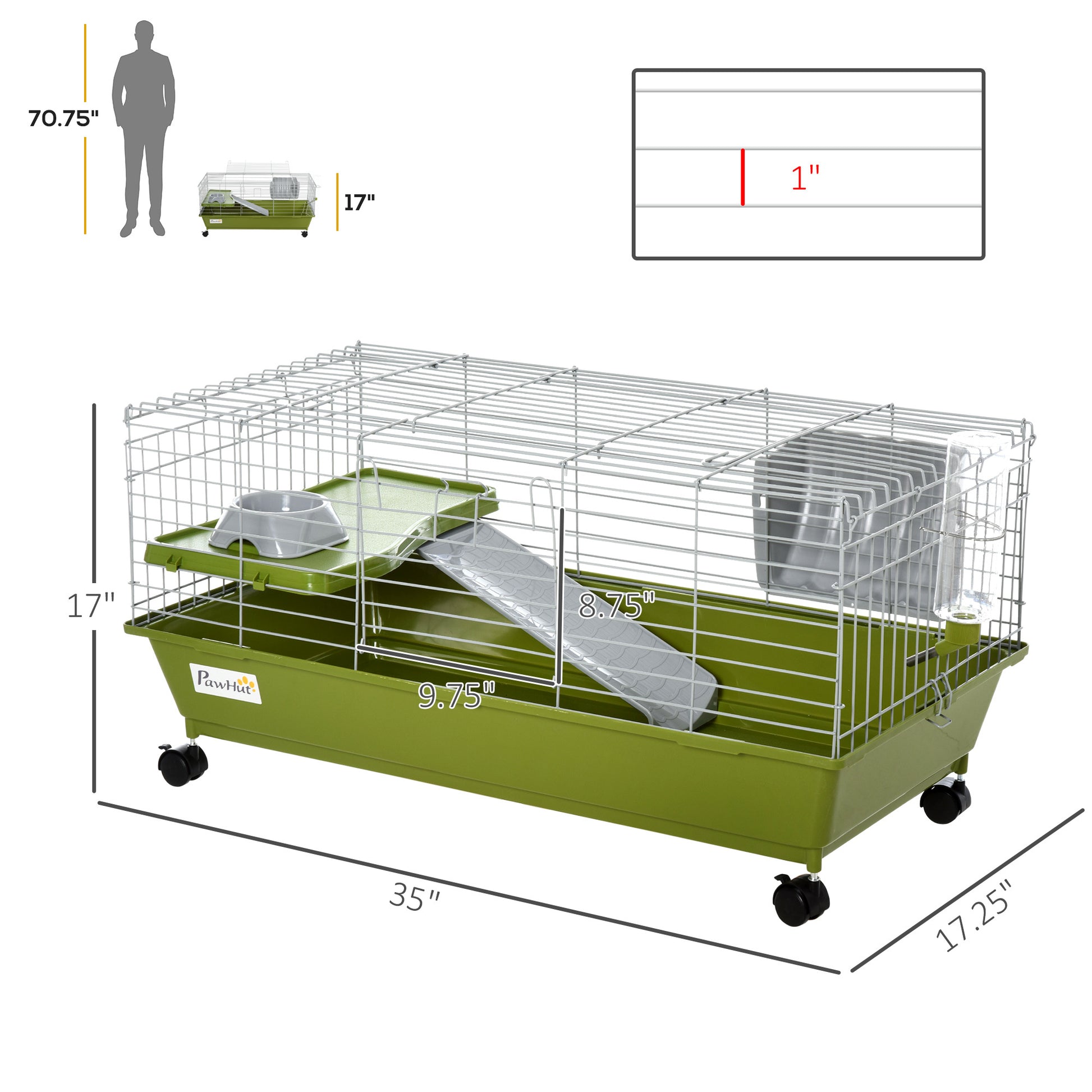 Pawhut 35"L Small Animal Cage, Rolling Bunny Cage, Guinea Pig Cage With Food Dish, Water Bottle, Hay Feeder, Platform, Ramp For Ferret Chinchilla, Green Green Steel