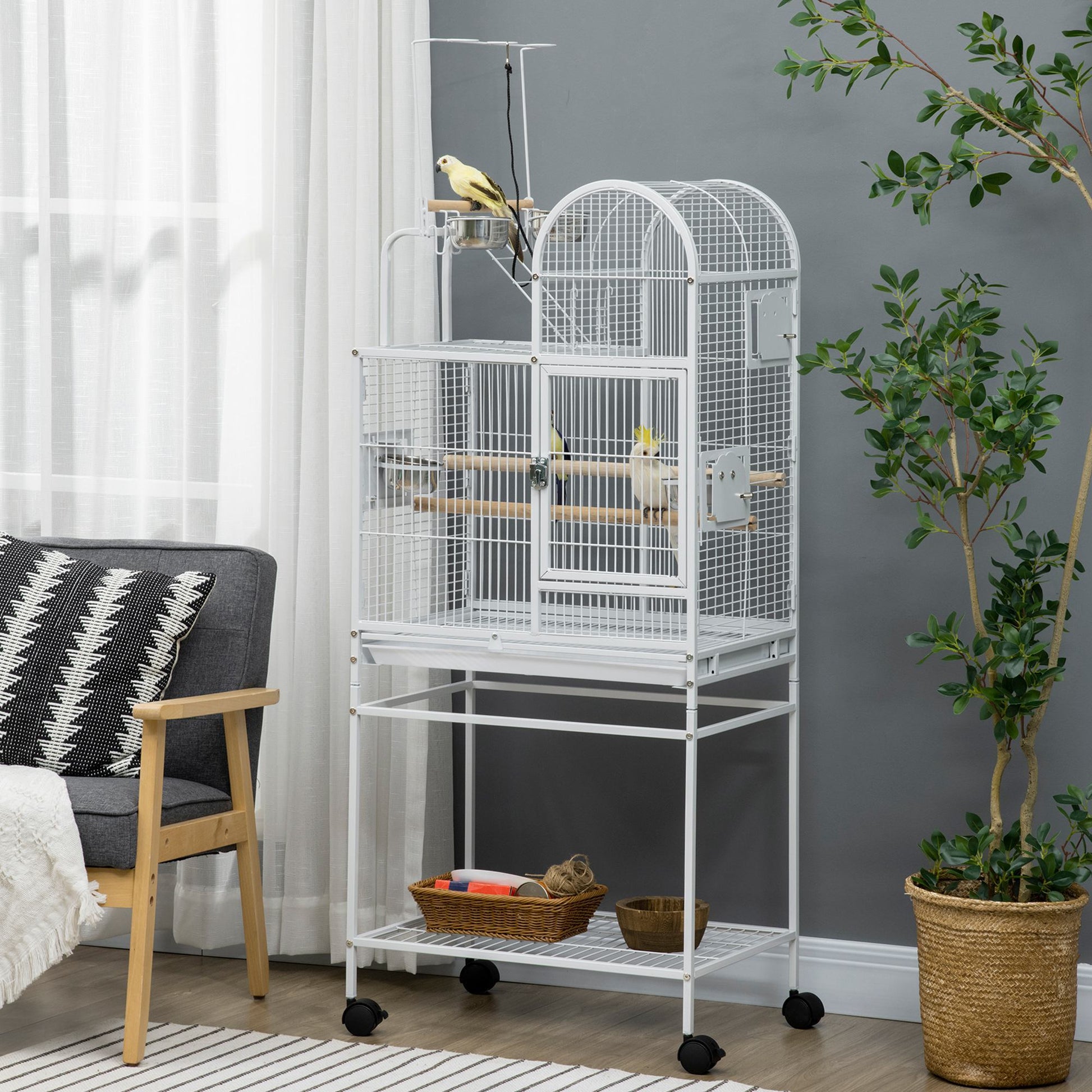 Pawhut 55" Large Parrot Cage With Toy Hooks Above Top Bird Perch, Tray, Food Cups, Rolling Stand, Bird Cage For Cockatiels, Parakeets, Lovebirds White Steel