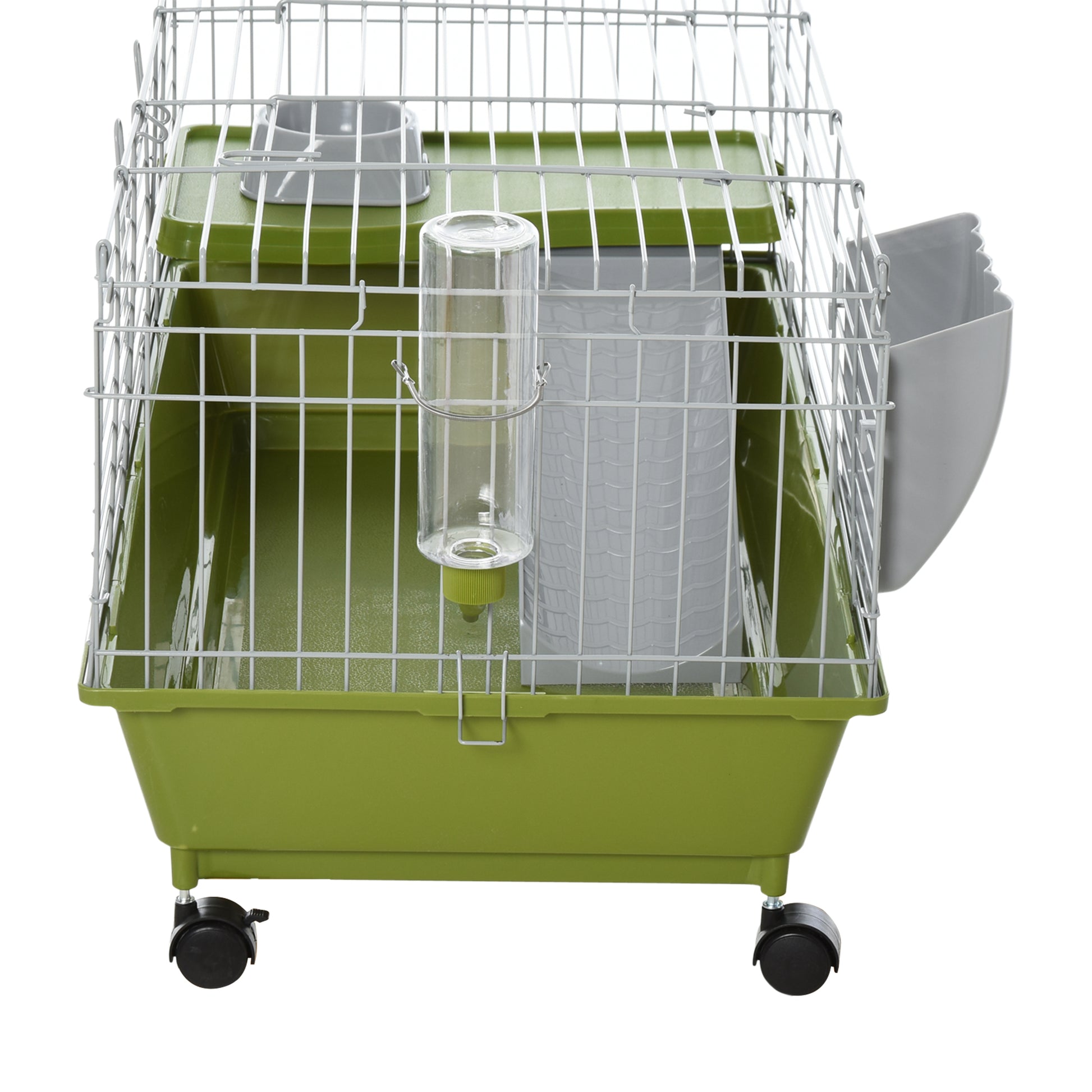 Pawhut 35"L Small Animal Cage, Rolling Bunny Cage, Guinea Pig Cage With Food Dish, Water Bottle, Hay Feeder, Platform, Ramp For Ferret Chinchilla, Green Green Steel